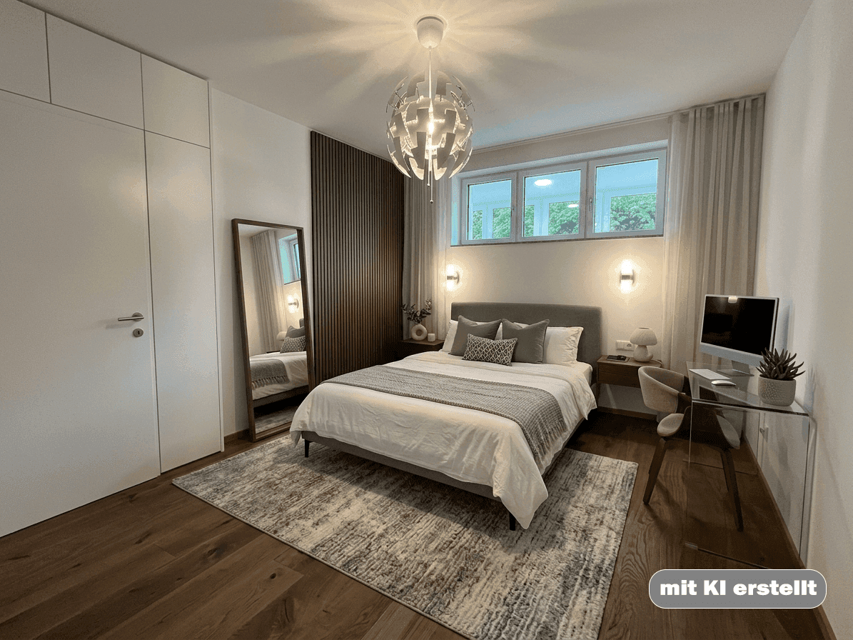 Gemütliches Schlafzimmer mit modernem Doppelbett, Holzboden und stilvoller Einrichtung.