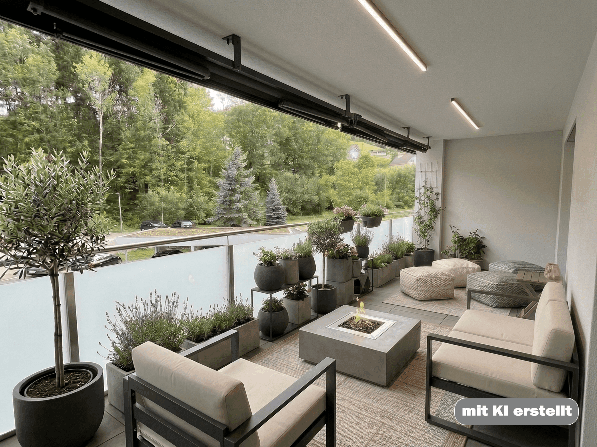 Großer, möblierter Balkon mit Pflanzen, Sitzgelegenheiten und Blick ins Grüne.