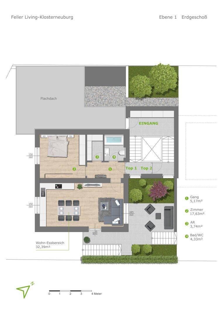 Grundriss der Ebene 1 (Erdgeschoss) mit offenem Wohn-Essbereich, Schlafzimmer und Terrasse.