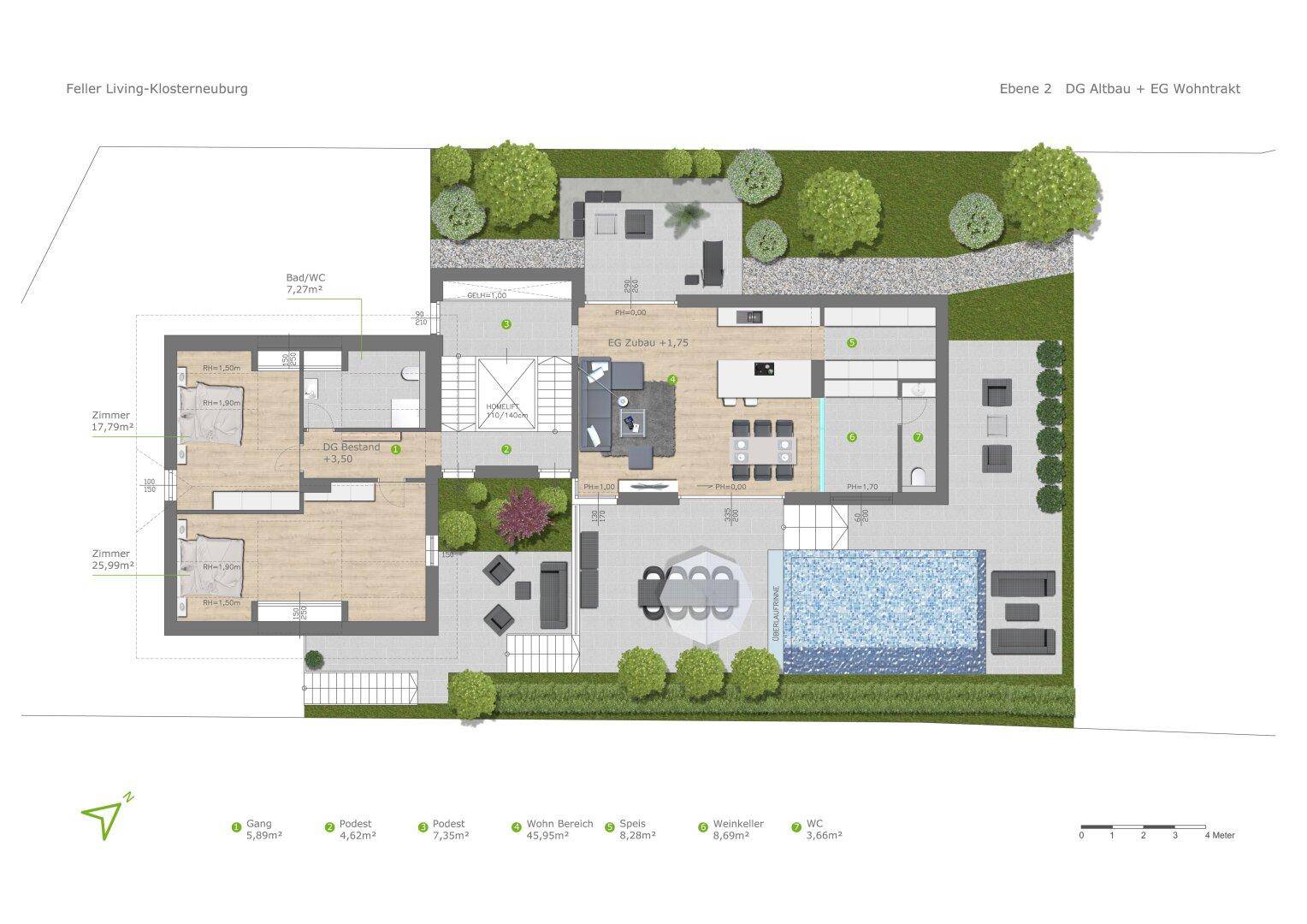 Grundriss der Ebene 2 (Dachgeschoss Altbau und Erdgeschoss Wohntrakt) mit Wohnbereich, Schlafzimmern, Pool und Garten.