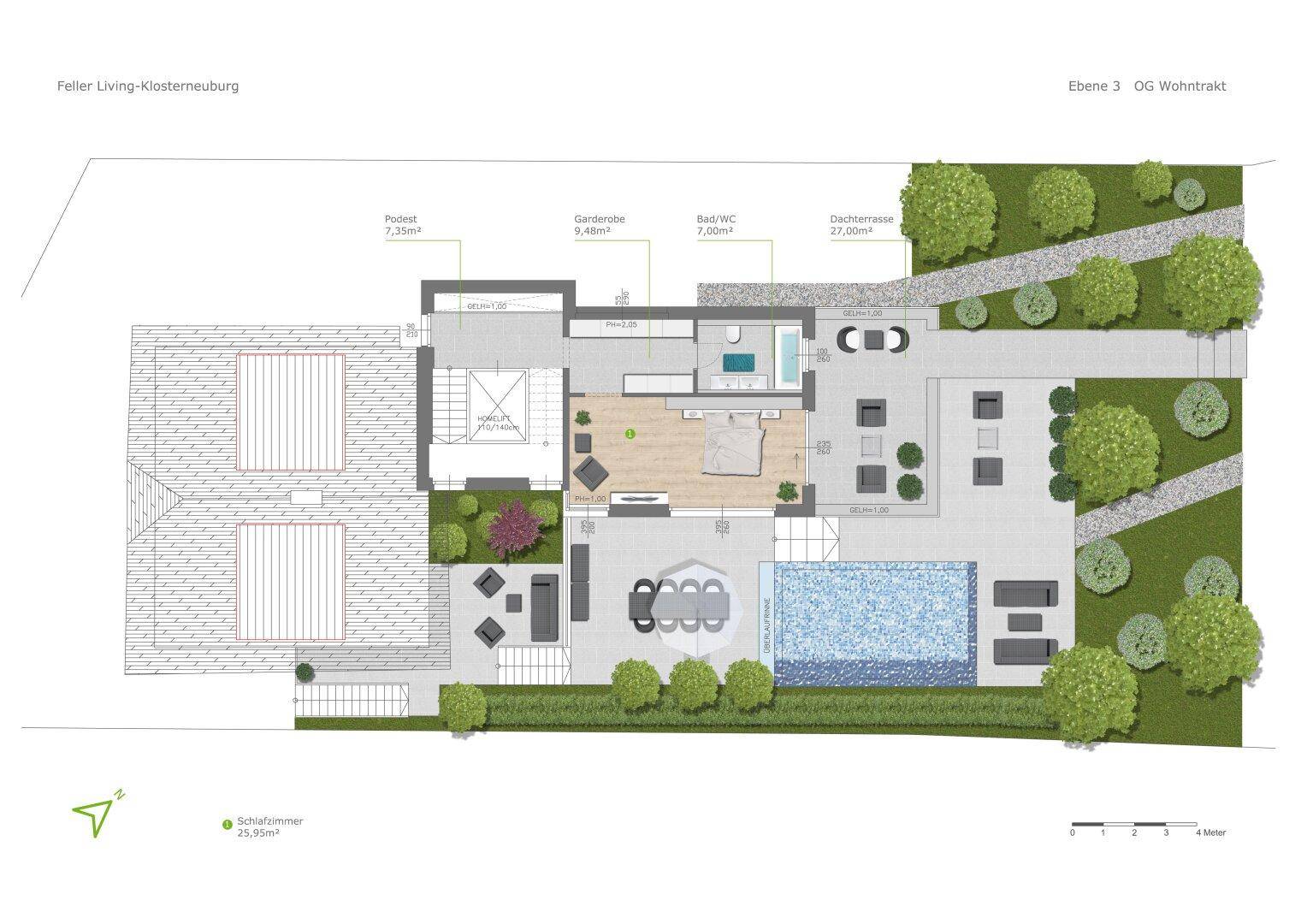 Grundriss der Ebene 3 (Obergeschoss Wohntrakt) mit Schlafzimmer, Bad, Dachterrasse und Garten.