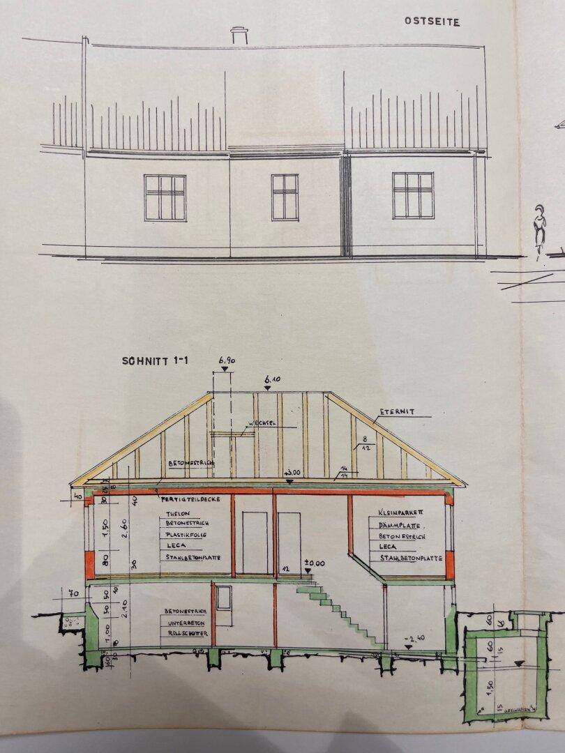 Schnittzeichnung des Gebäudes mit Dachkonstruktion, Geschosseinteilung und Keller.