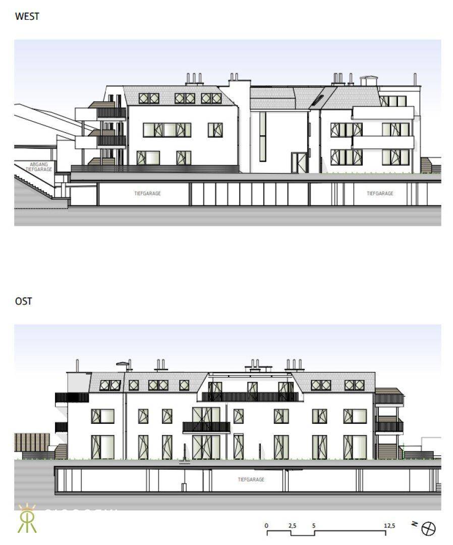 Architektonische Ansichten der West- und Ostfassade des Gebäudes mit Tiefgaragenzugang.