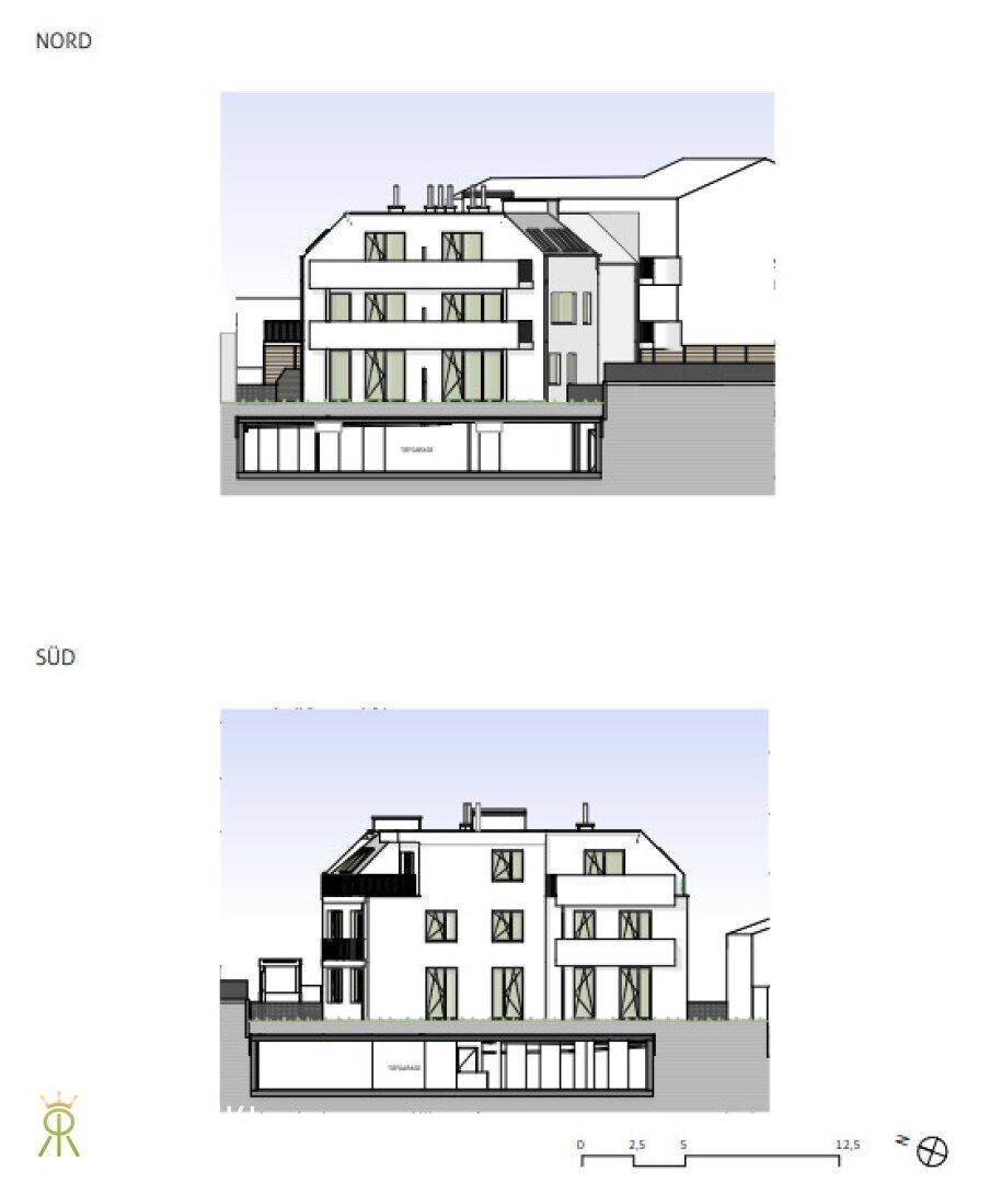 Architektonische Ansichten der Nord- und Südfassade des Gebäudes mit Balkonen und Fenstern.