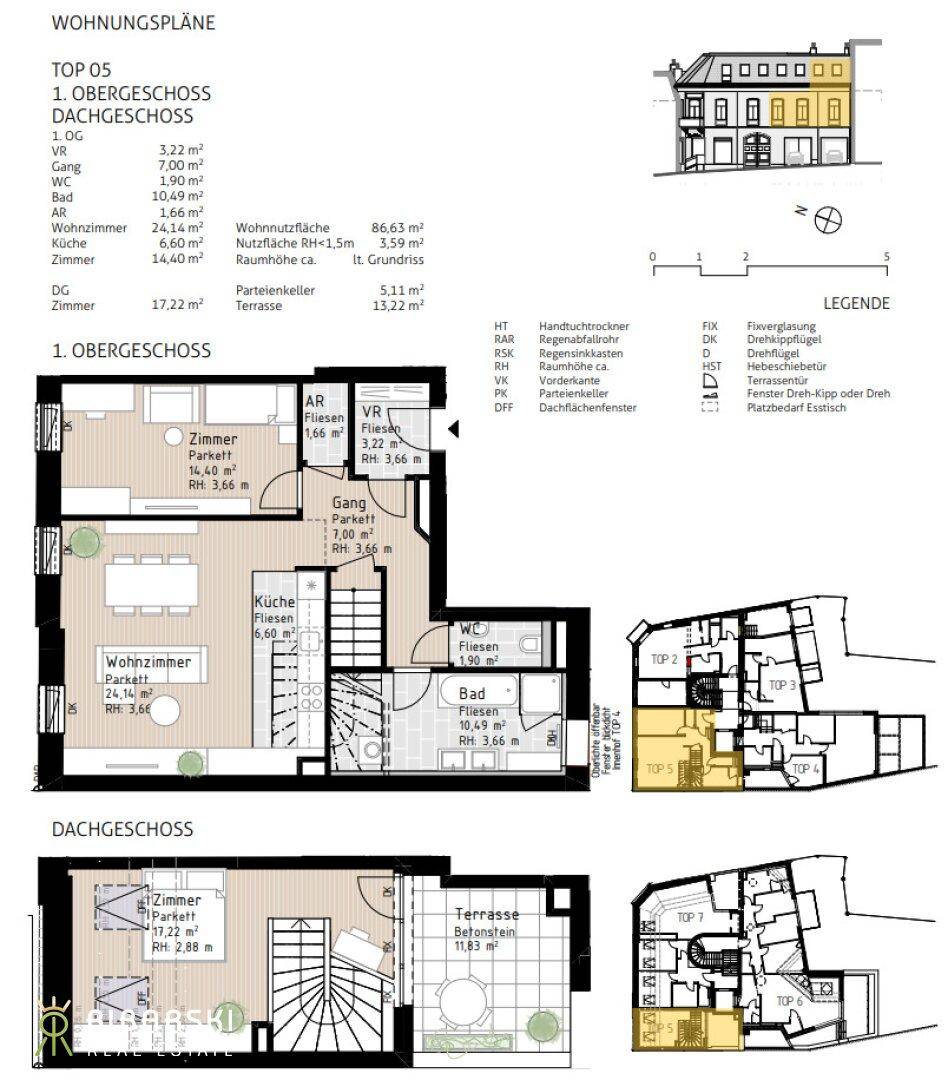 Grundriss der Wohnung TOP 05 über zwei Ebenen mit Wohnzimmer, Küche, Schlafzimmern und Terrasse.