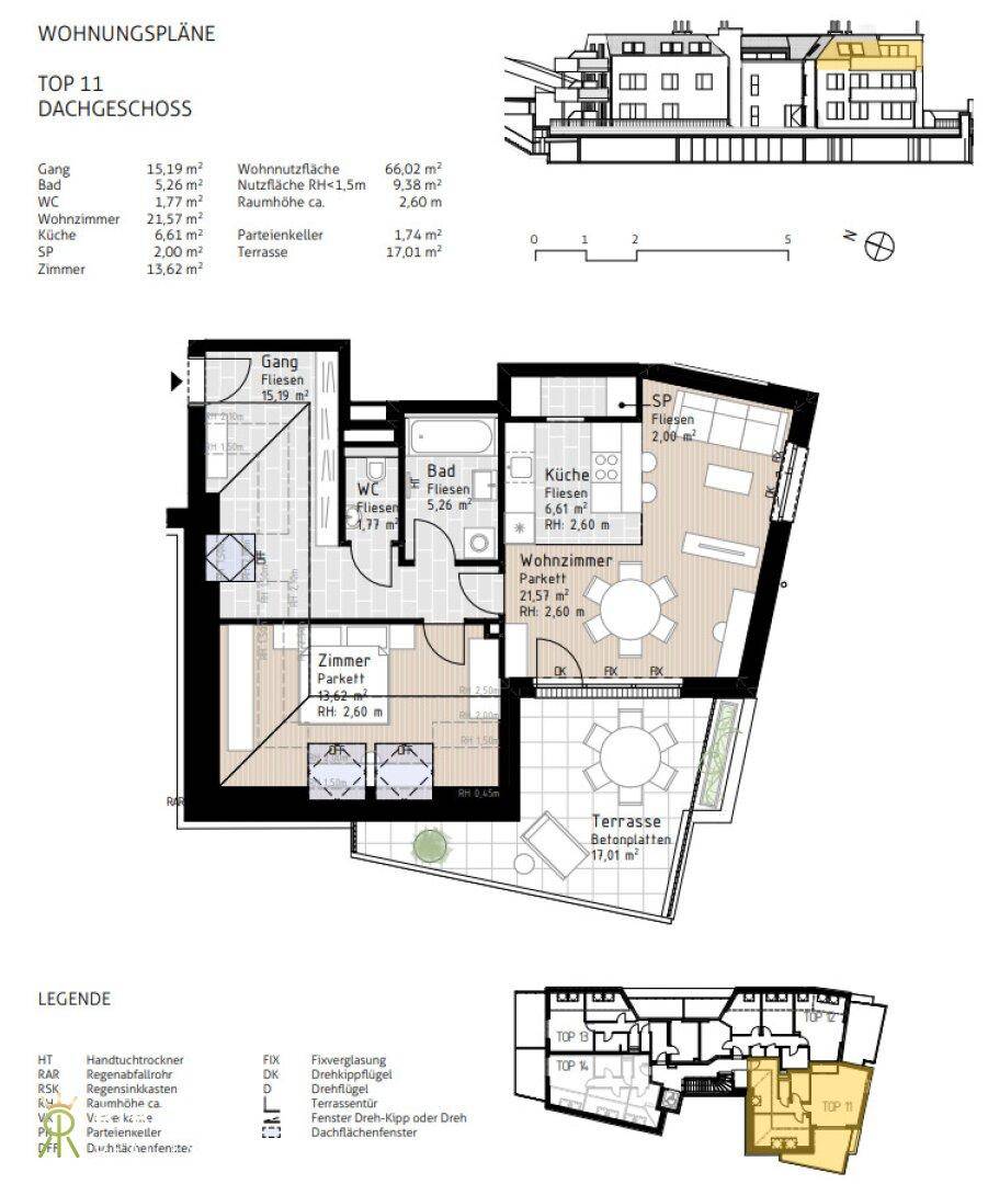 Grundrissplan des Dachgeschosses Top 11 mit offenem Wohnbereich, Schlafzimmer und großer Terrasse.