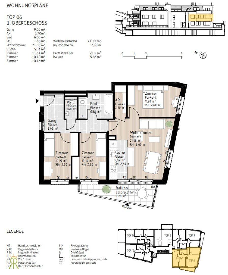Dieser Grundriss zeigt eine Wohnung im Obergeschoss mit drei Zimmern, einem Bad, separatem WC und einem Balkon.