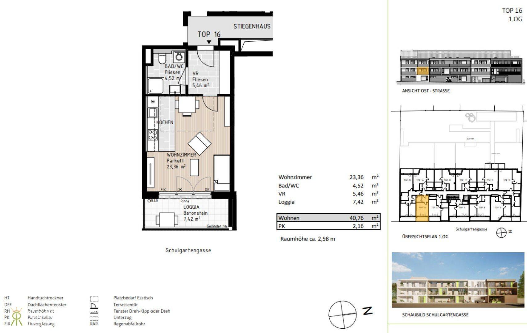 Detaillierter Grundriss einer Wohnung mit Wohnzimmer, Küche, Bad/WC und Loggia.