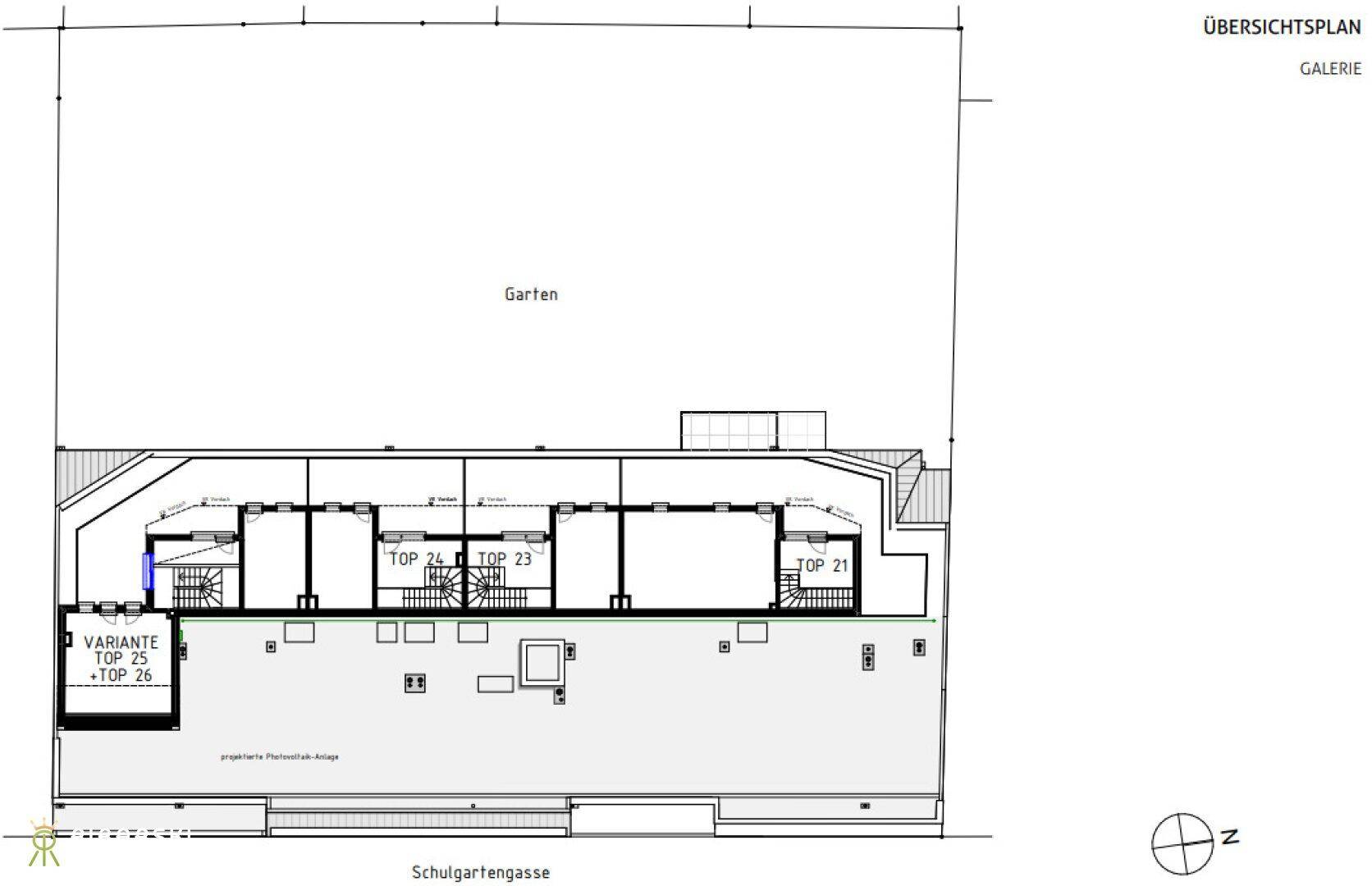 Grundriss der Galerie-Ebene mit Zugang zum Gartenbereich und verschiedenen Wohneinheiten.