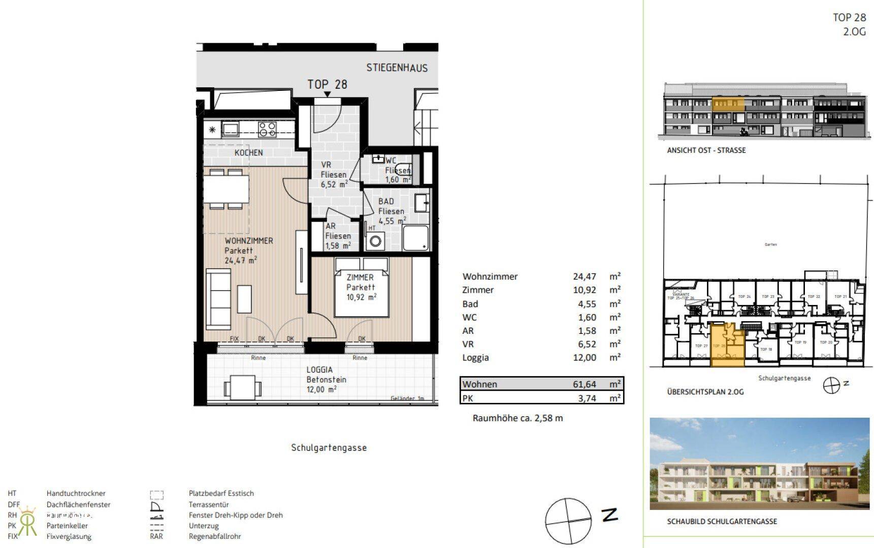 Grundriss der Wohnung TOP 2B mit Wohnzimmer, Küche, Schlafzimmer und Loggia.