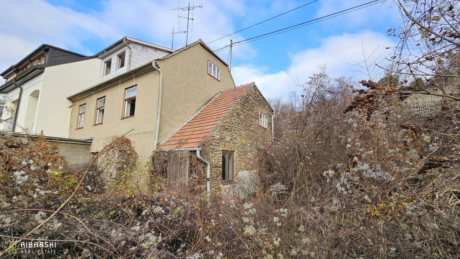 Rückseite eines älteren Gebäudes mit verwildertem Garten und Blick auf die Umgebung.