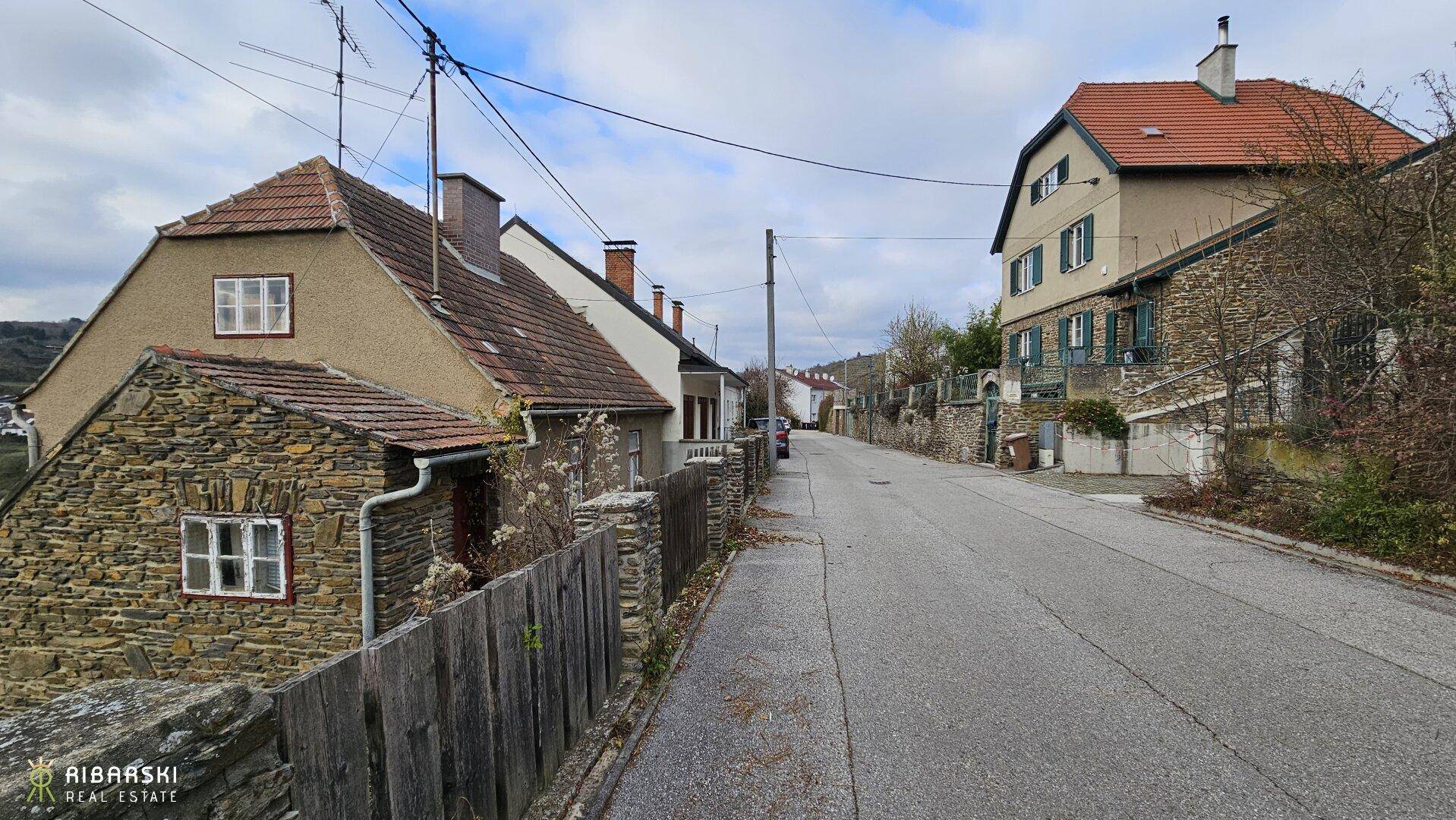Ruhige Wohnstraße mit traditionellen Häusern und gepflastertem Weg in ländlicher Umgebung.