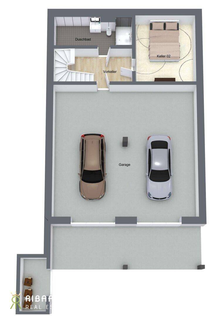Grundriss des Untergeschosses mit großer Garage, Duschbad und zusätzlichem Kellerraum.