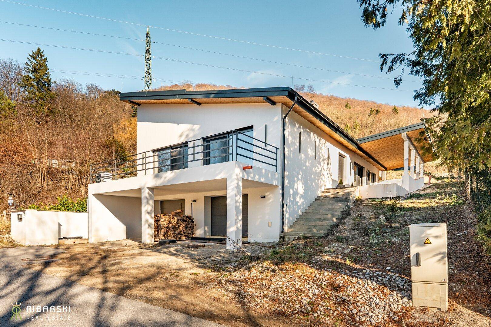 Moderne Architektur des Hauses mit weißer Fassade, Balkon und Holzstapel im Unterstand.