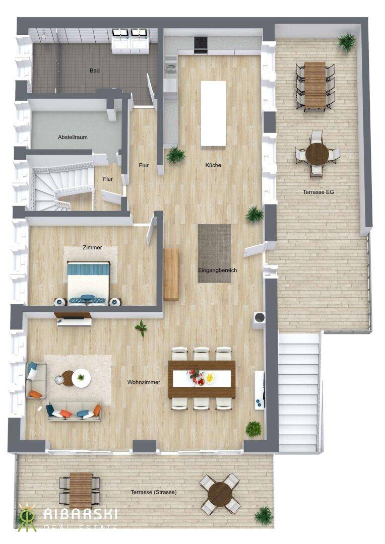 Grundriss des Erdgeschosses mit offener Küche, Wohnzimmer, Schlafzimmer und zwei Terrassen.