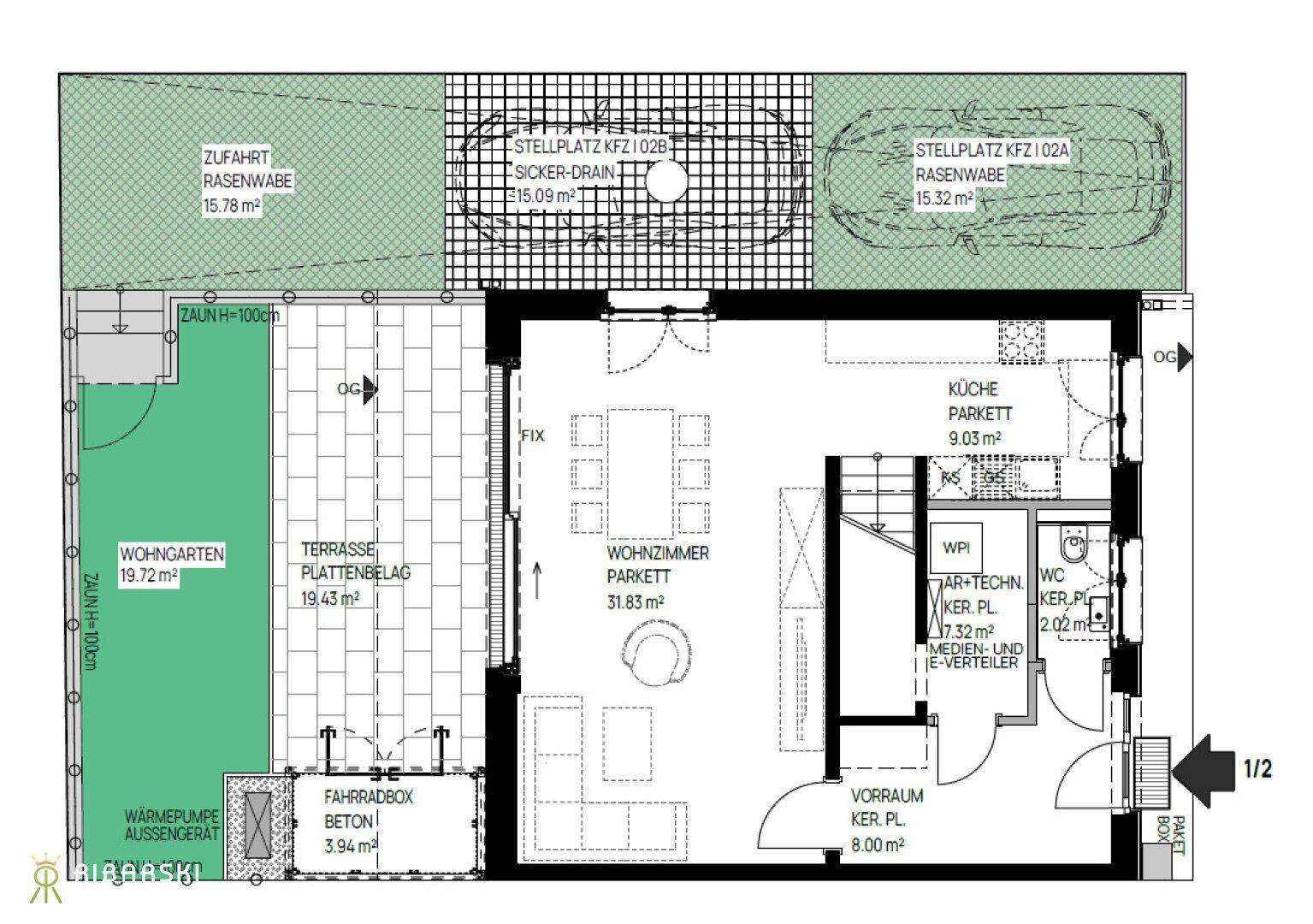 Grundriss des Erdgeschosses mit offenem Wohnzimmer, Küche, Terrasse und Gartenbereich.