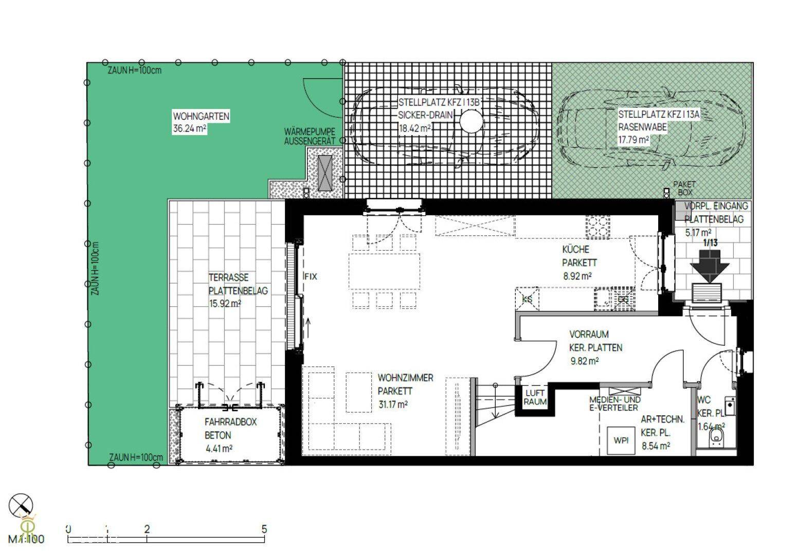 Grundriss des Erdgeschosses mit offenem Wohnzimmer, Küche, Terrasse und privatem Gartenbereich.