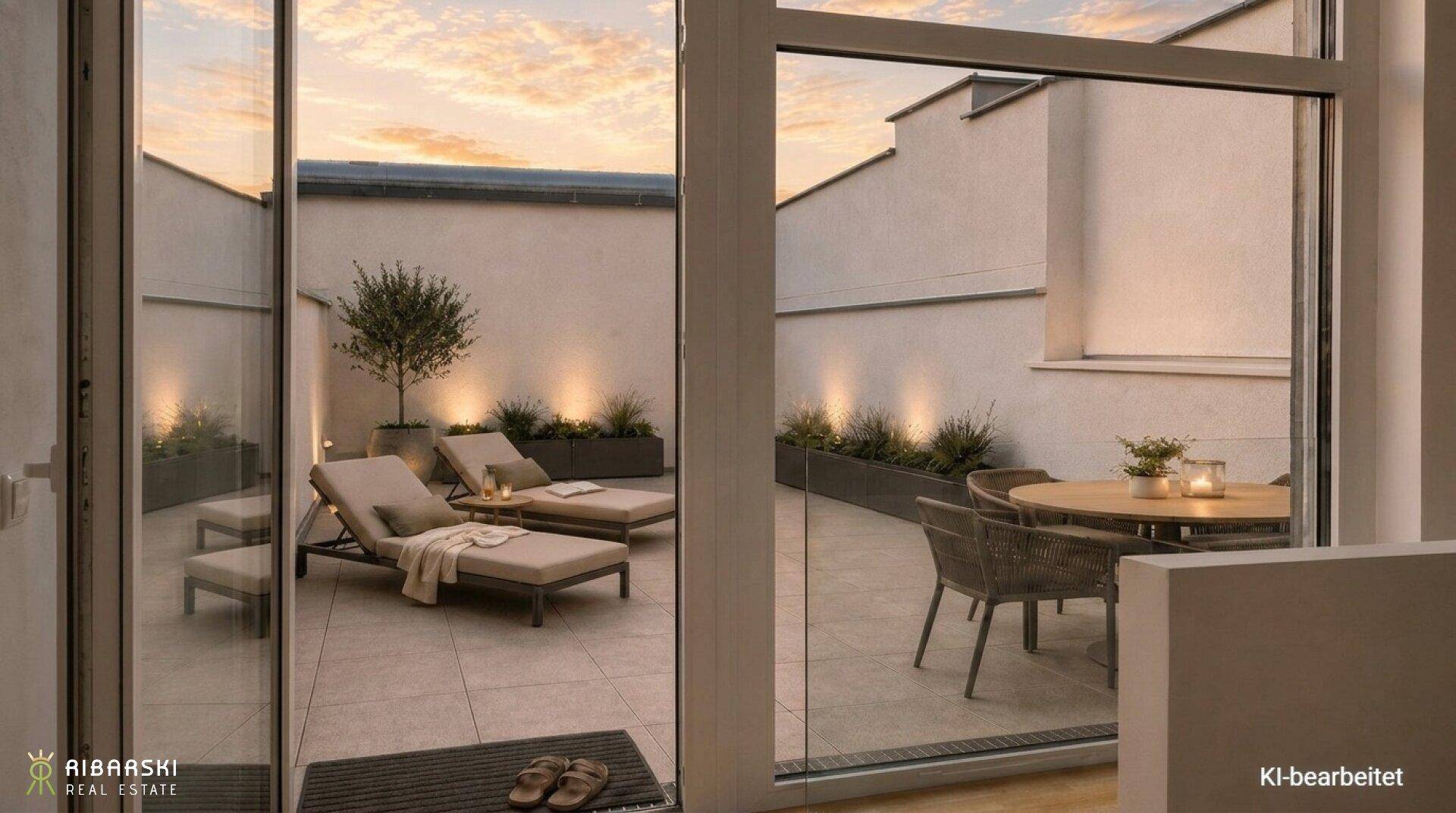 Großzügige Dachterrasse mit Liegestühlen und Essbereich, umgeben von Pflanzen und stimmungsvoller Beleuchtung.