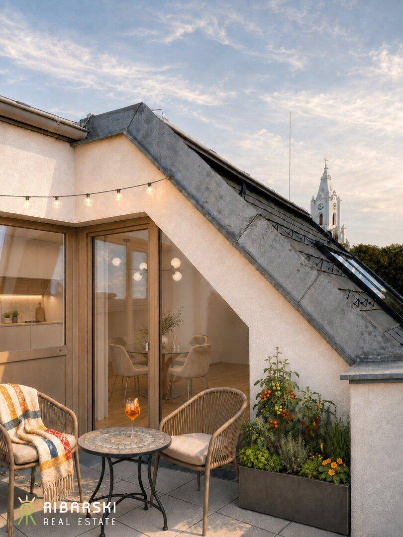 Gemütliche Dachterrasse mit Sitzgelegenheiten, Pflanzen und Blick auf die Stadtkirche.