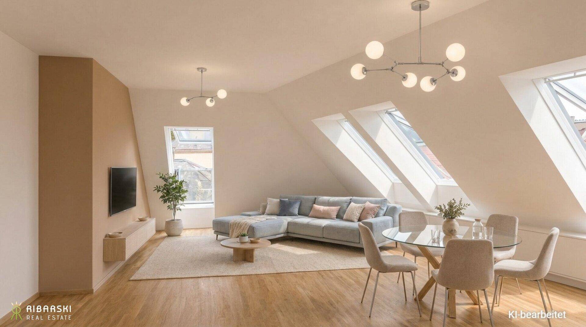 Heller Wohn- und Essbereich mit Dachschrägen, großen Fenstern und modernem Interieur.