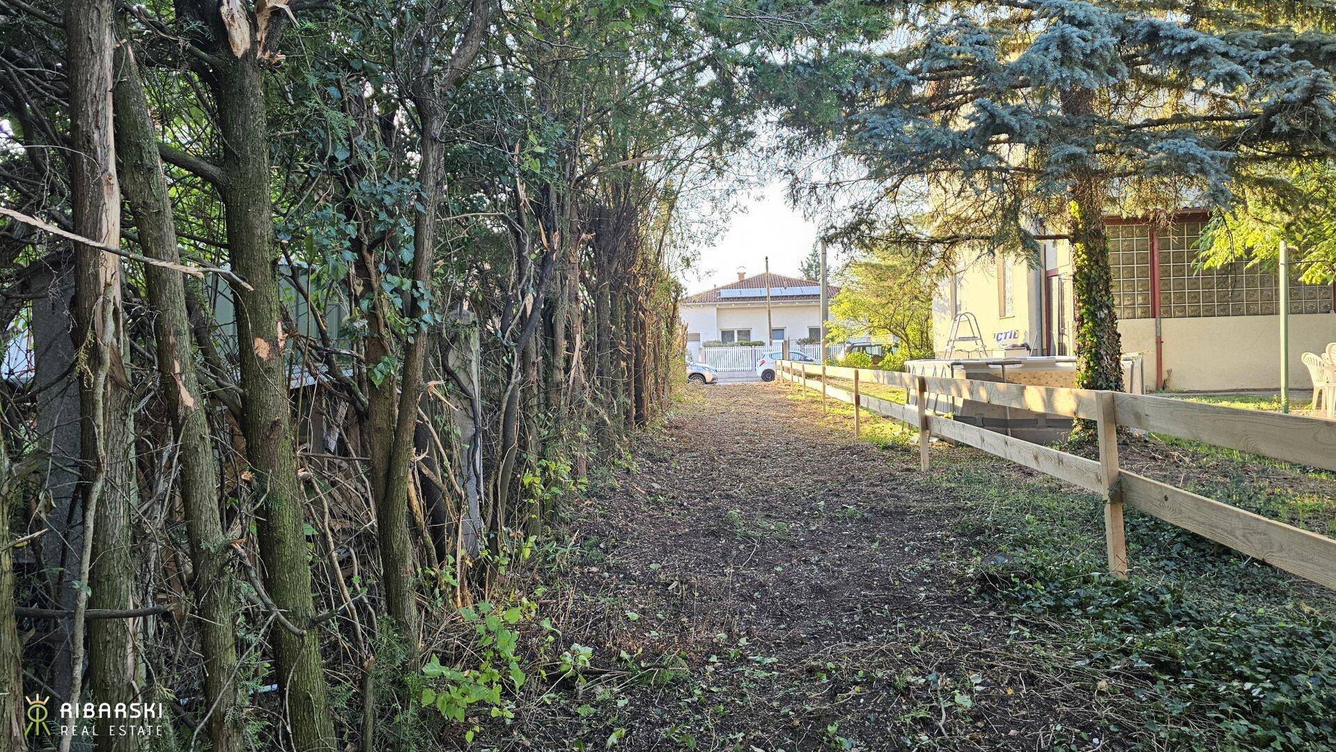 Langer Gartenweg, gesäumt von Hecken und einem Holzzaun, führt zu einem Haus im Hintergrund.