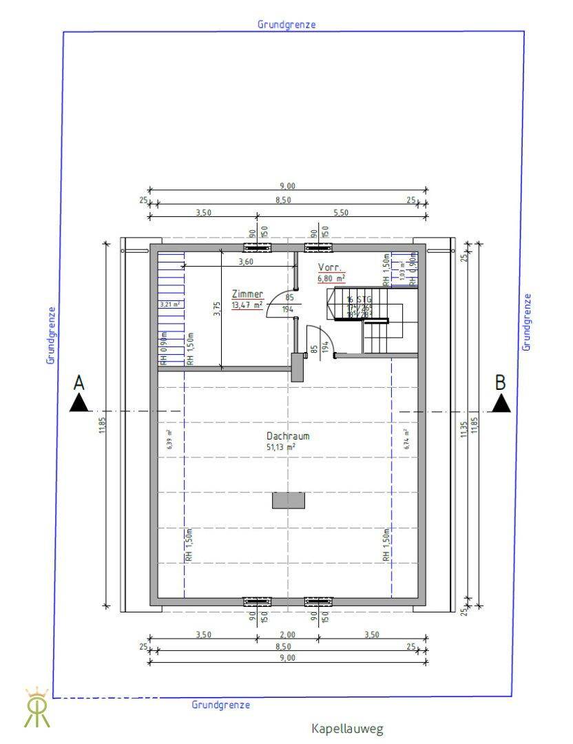 Grundriss des Dachgeschosses mit Zimmern, Vorraum und Dachschrägen.