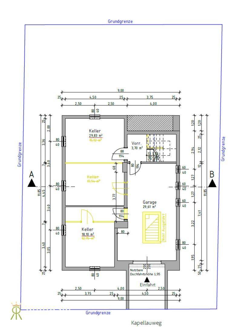 Grundriss des Kellergeschosses mit Kellerräumen, Vorraum und Garage.