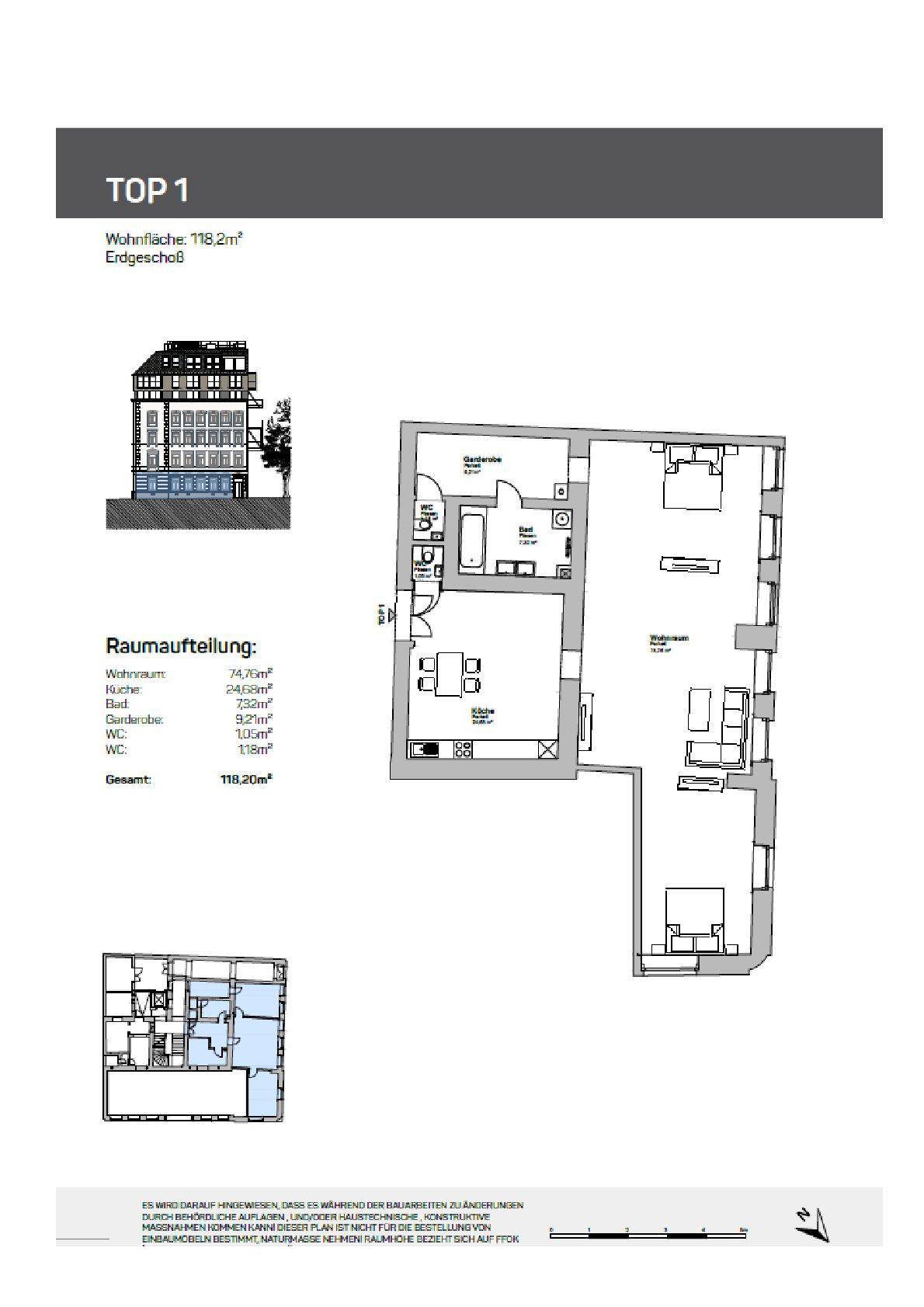 Grundriss der Wohnung Top 1 im Erdgeschoss mit 118,2m² Wohnfläche.