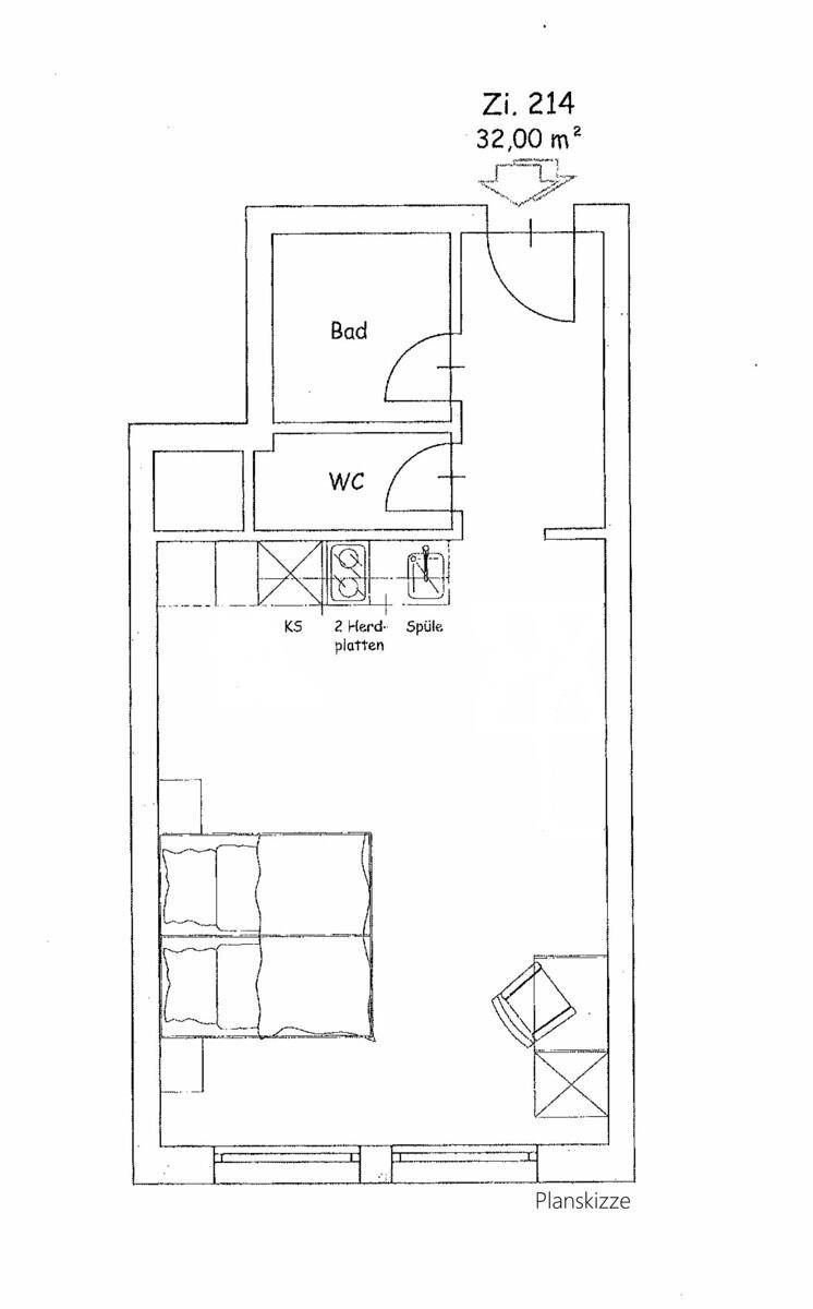 Grundriss einer 32 m² großen Wohnung mit Bad, WC und Küchenzeile.