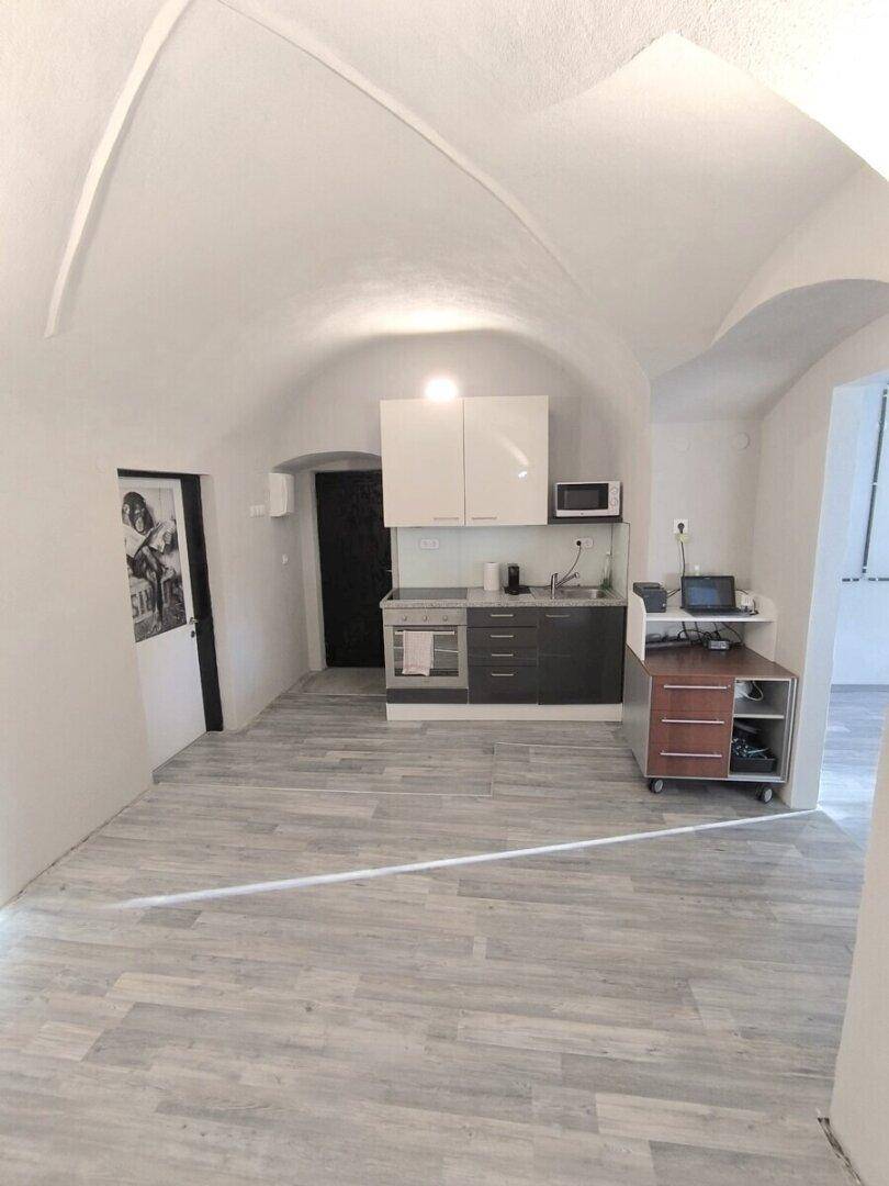 Kompakte Küchenzeile in einem Raum mit gewölbter Decke und modernem Laminatboden.