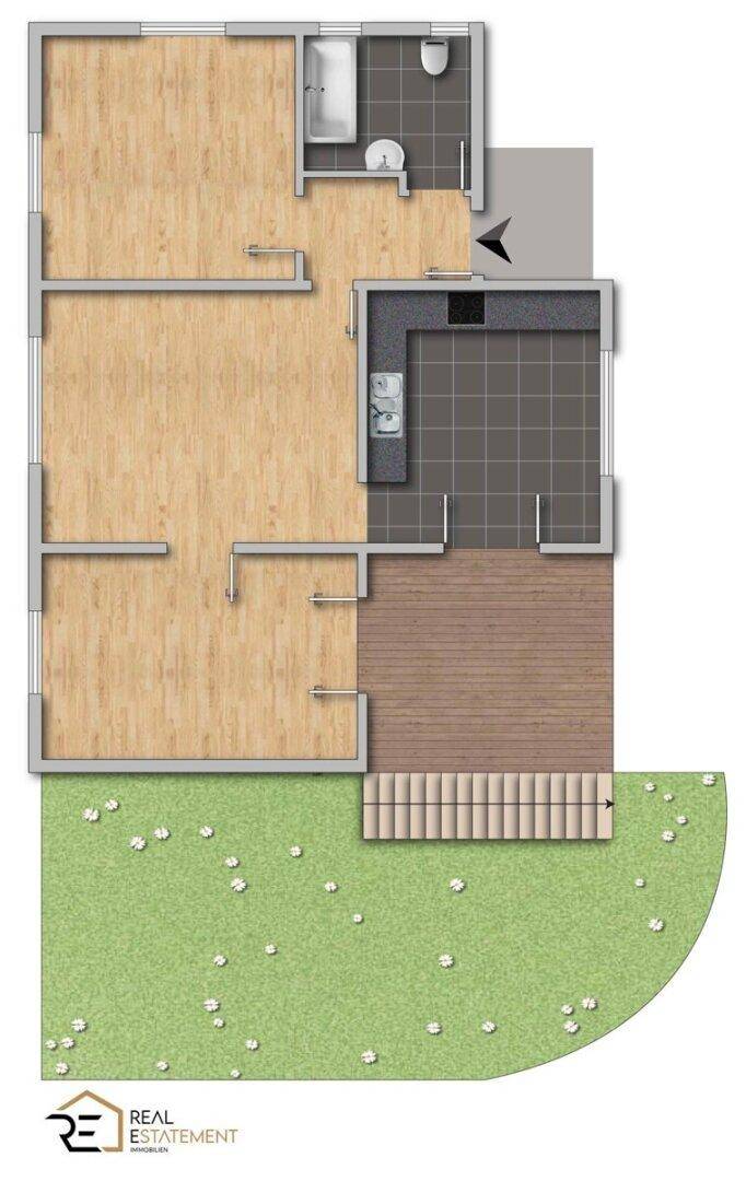 Grundrissplan mit Wohnbereich, Küche, Bad und direktem Zugang zu Terrasse und Garten.