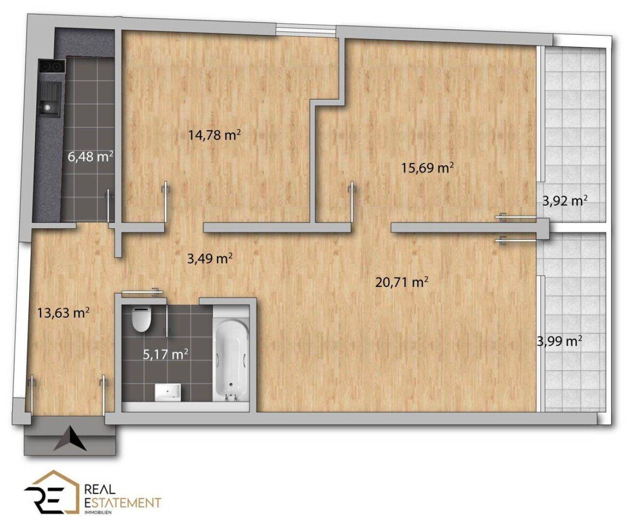Grundriss einer Wohnung mit mehreren Zimmern, Bad und Balkonen, inklusive Flächenangaben.