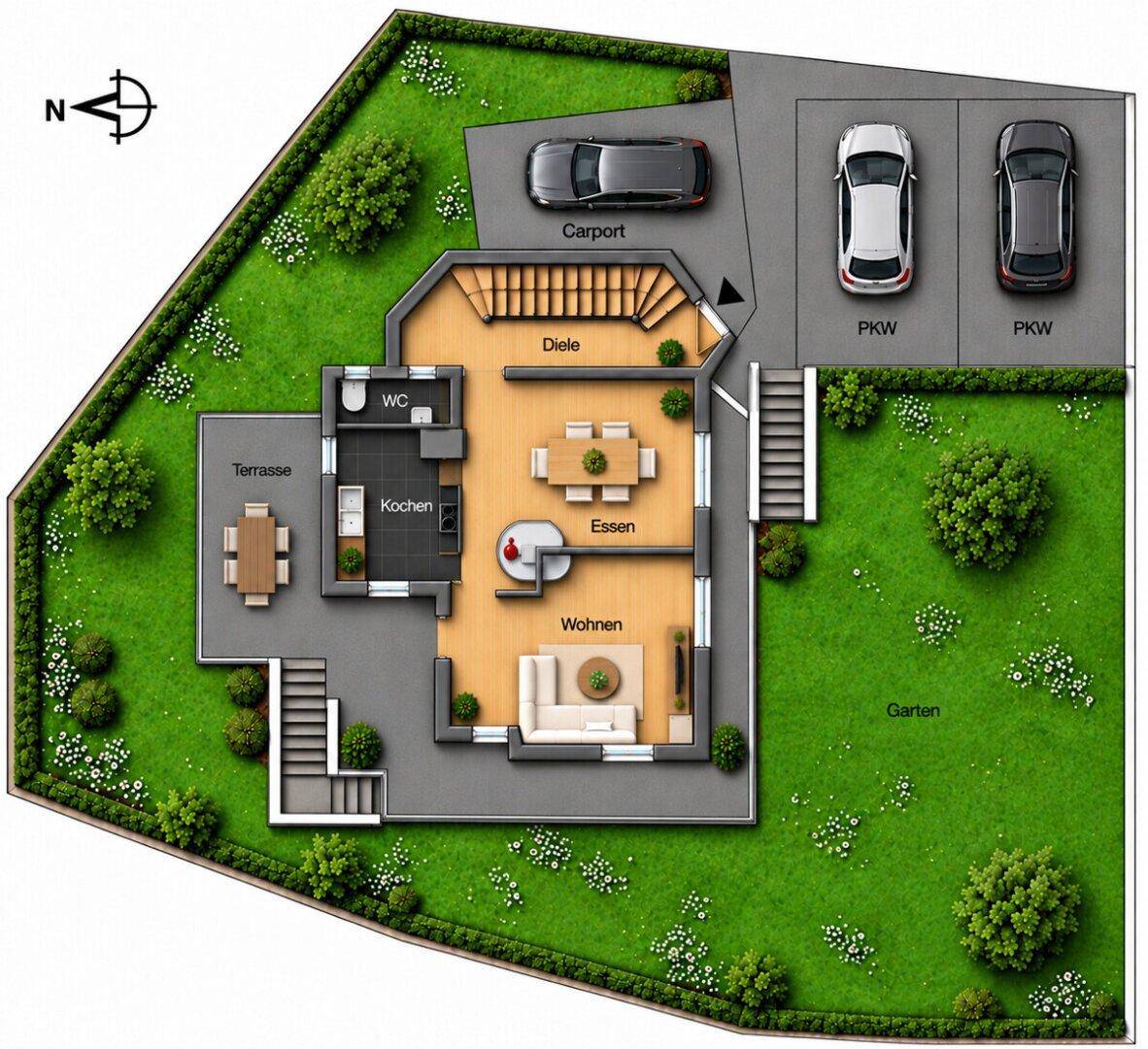 Grundriss des Erdgeschosses mit Wohn-, Ess- und Kochbereich sowie Terrasse und Carport.