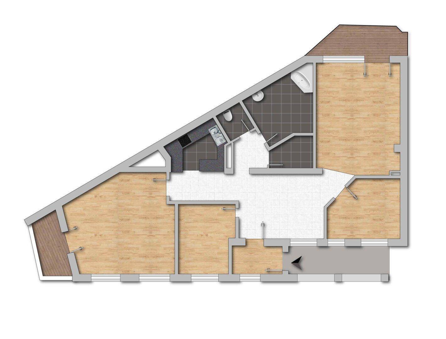 Grundriss einer Wohnung mit schrägen Wänden, drei Zimmern und einem Badezimmer.