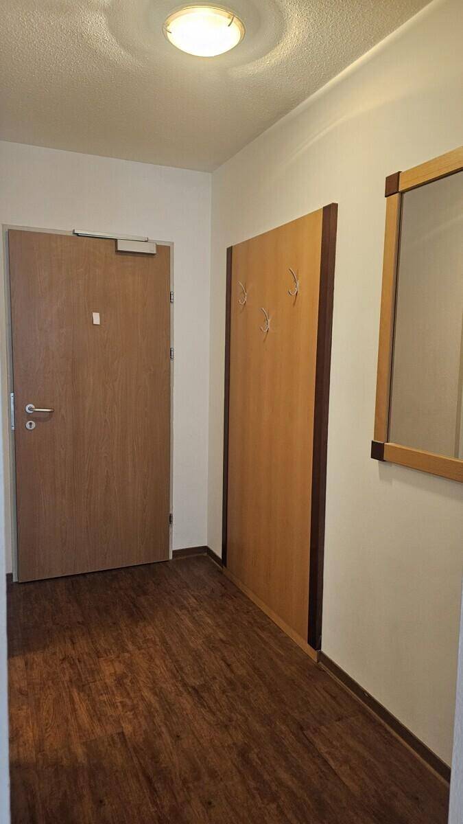 Heller Flur mit Holztür, Garderobe und Laminatboden.