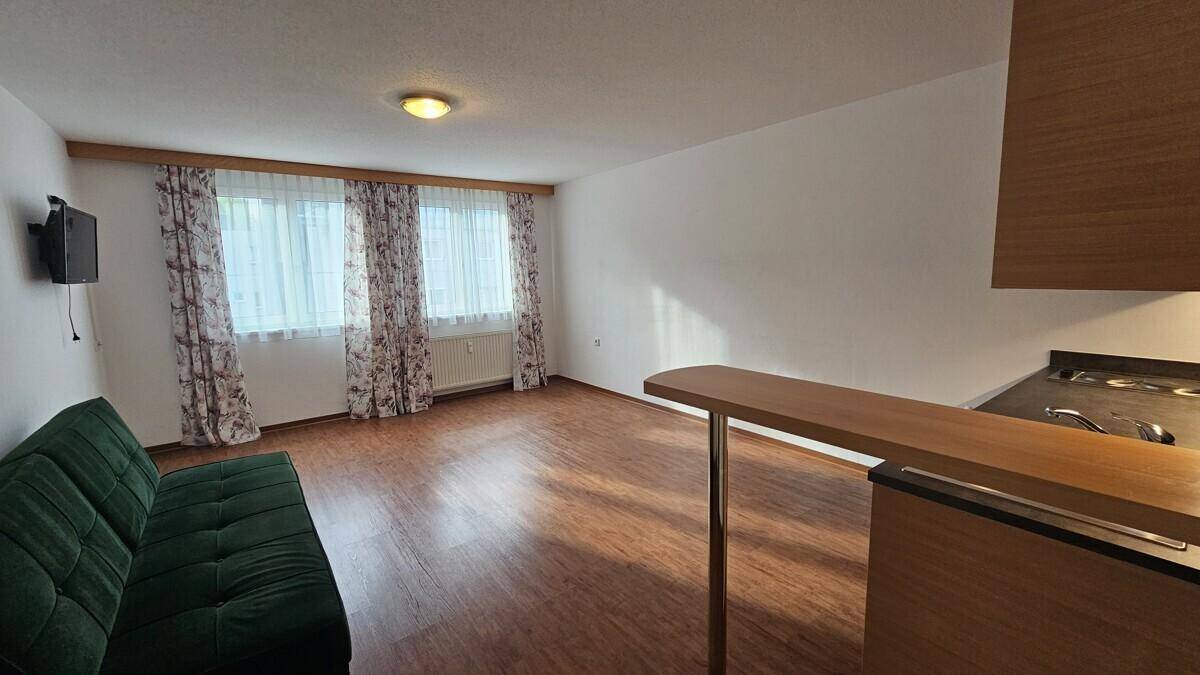 Gemütlicher Wohnbereich mit grünem Sofa, großen Fenstern und Laminatboden.