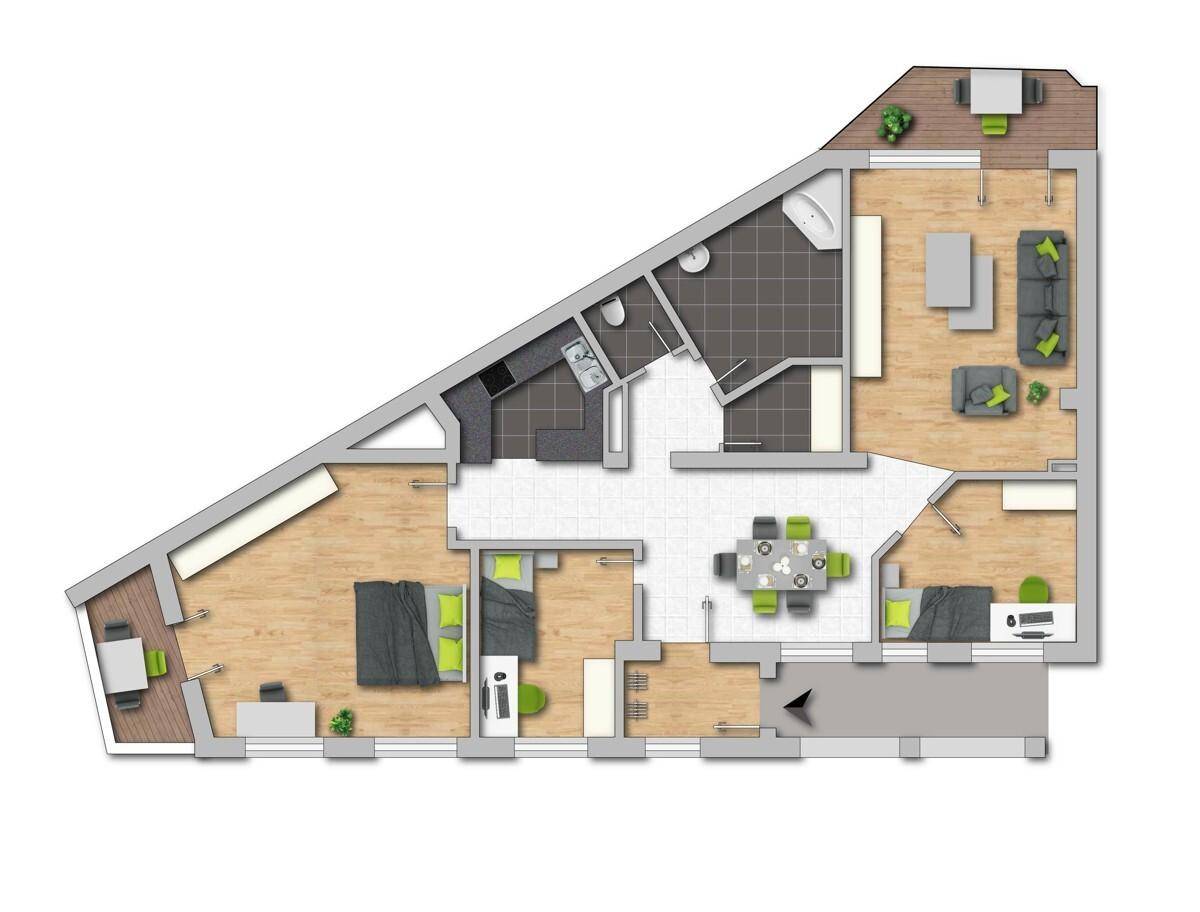 Detaillierter Grundriss einer Wohnung mit mehreren Zimmern, Möbeln und einem Balkon.