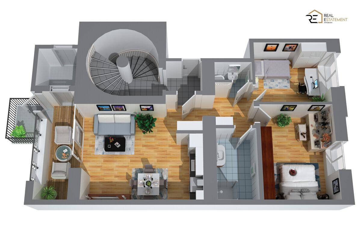 Dreidimensionale Darstellung eines Grundrisses mit möblierten Räumen und Wendeltreppe.