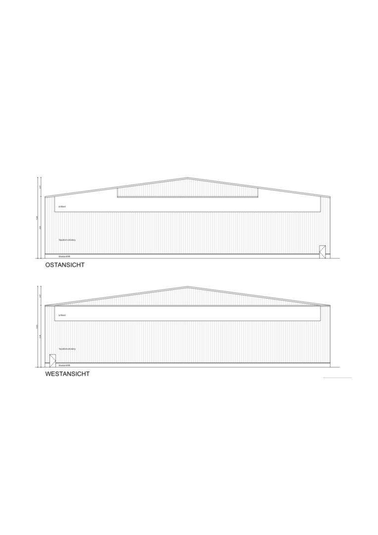 Architektonische Ansichten der Ost- und Westseite eines Gebäudes mit Giebeldach.