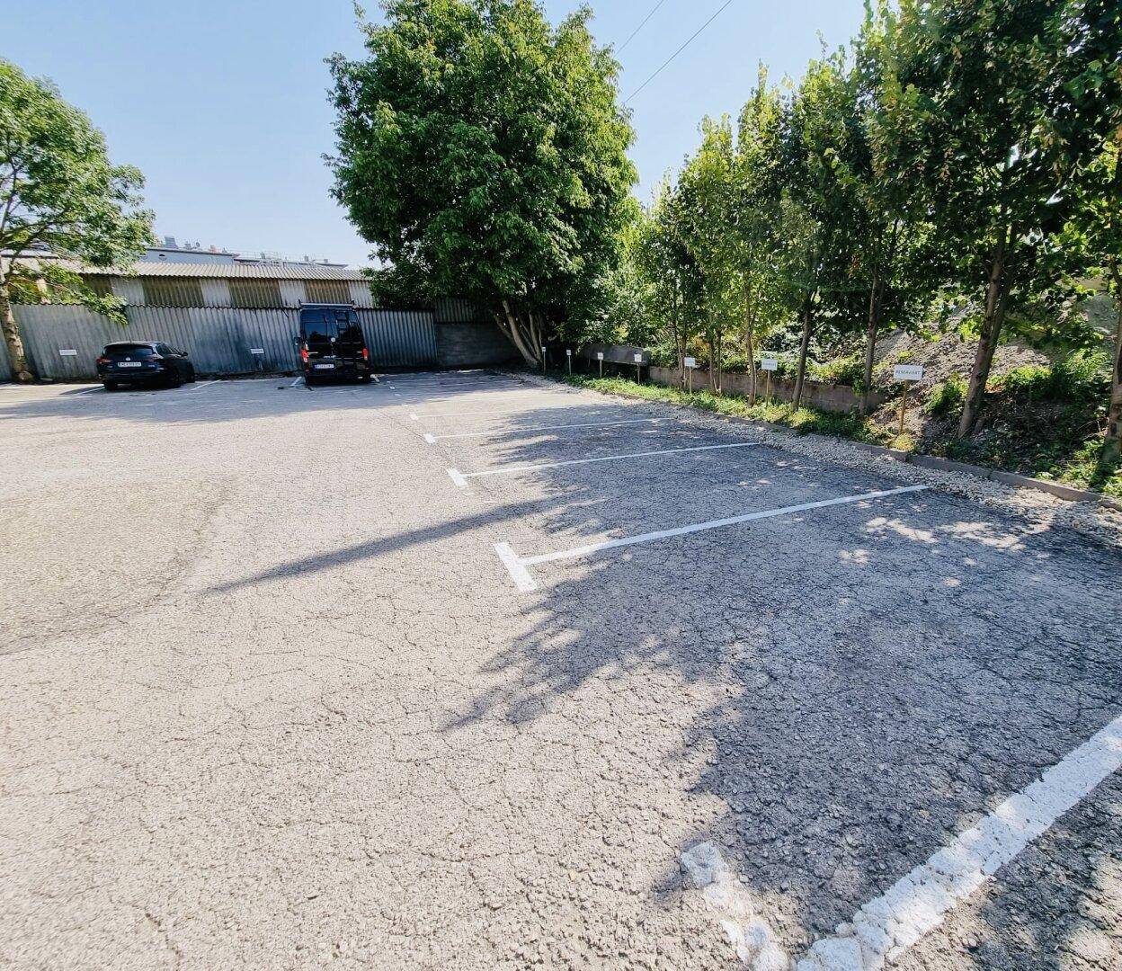 Weitläufiger Außenparkplatz mit vielen markierten Stellplätzen, umgeben von Bäumen und einem Zaun.