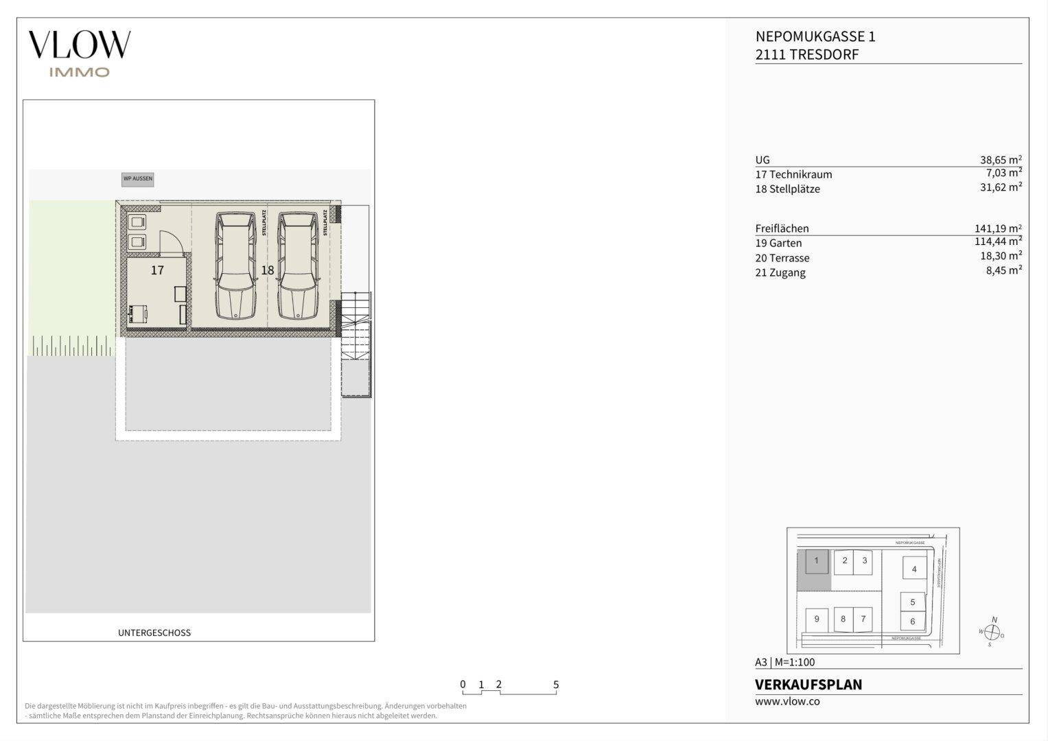 Grundrissplan des Untergeschosses mit Technikraum und zwei Stellplätzen für Fahrzeuge.