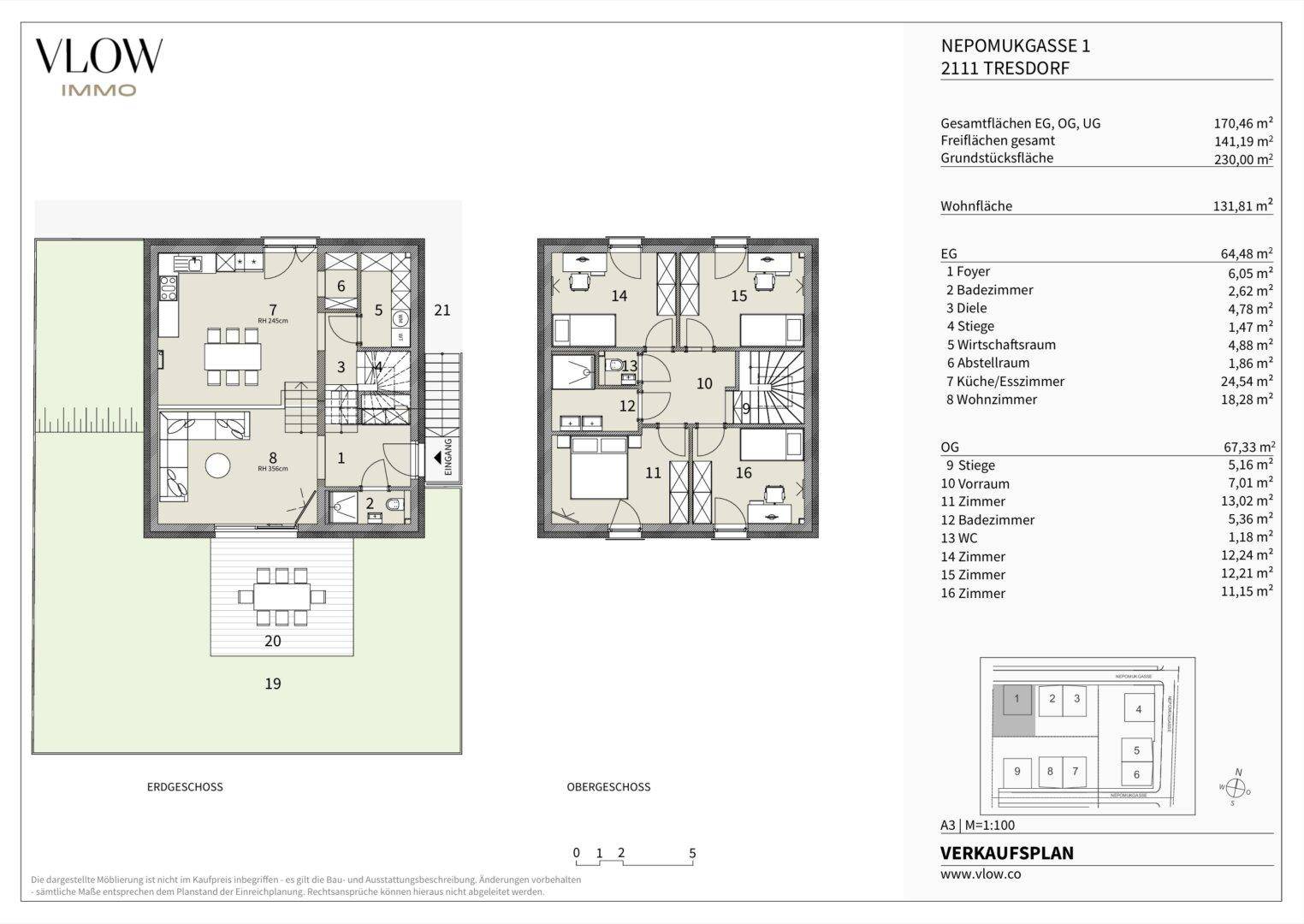 Grundrissplan des Erd- und Obergeschosses mit Raumaufteilung und Flächenangaben für ein Reihenhaus.