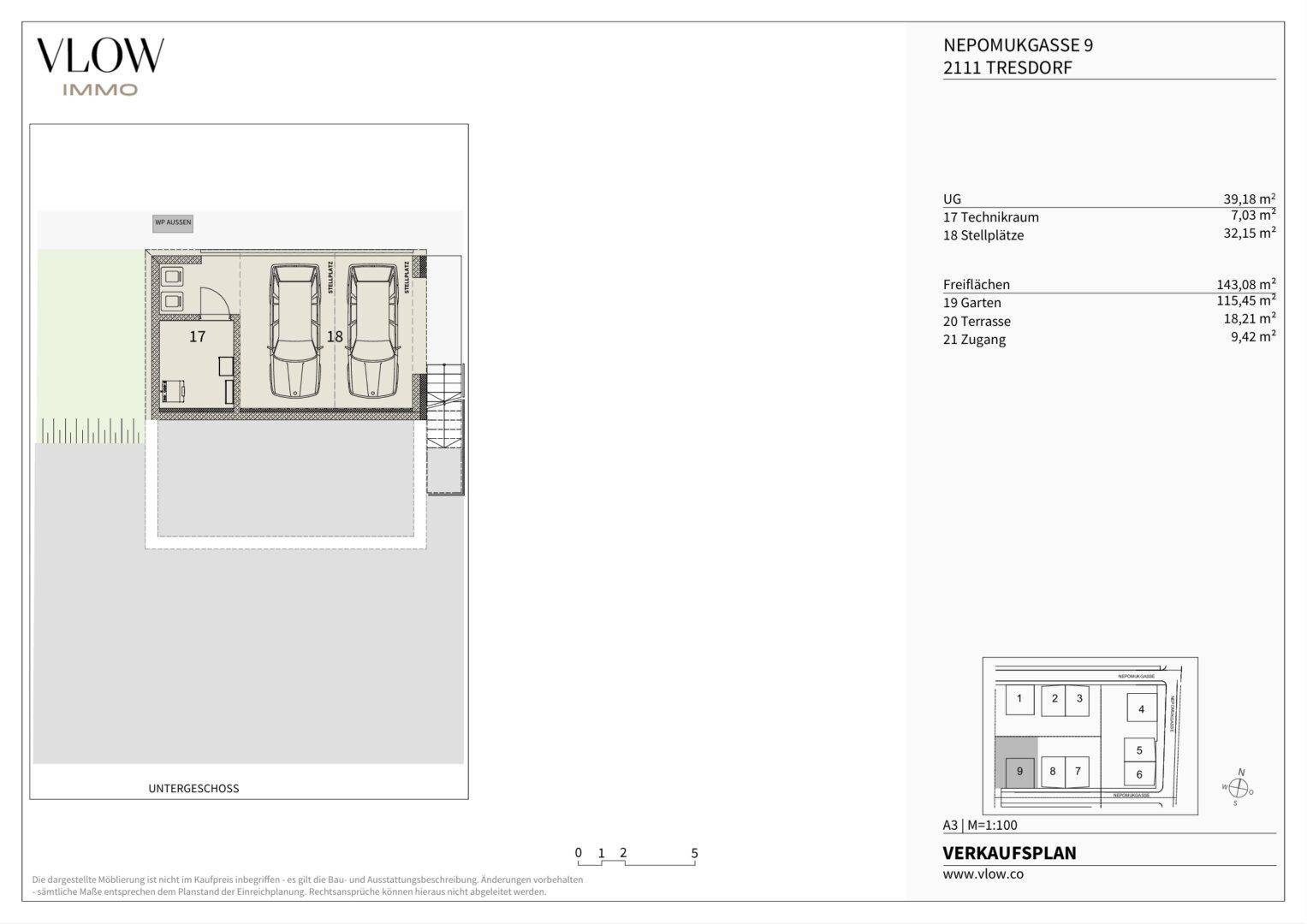 Grundriss des Untergeschosses mit Technikraum und zwei Stellplätzen.