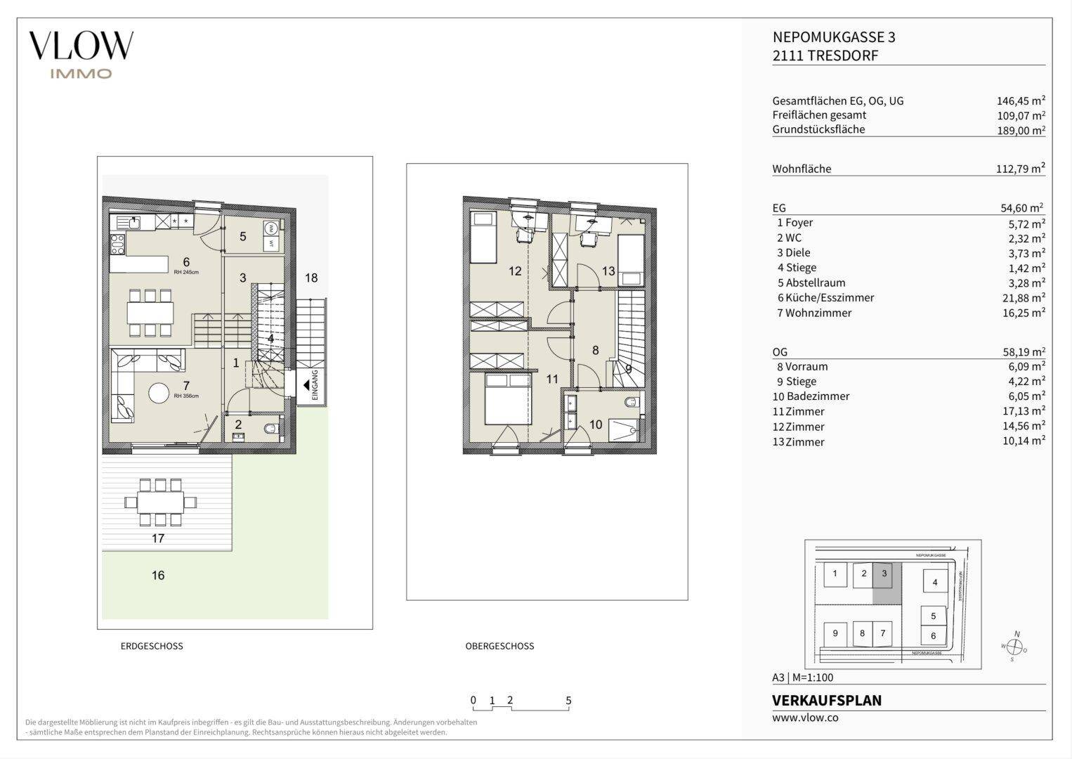 Detaillierter Grundriss des Erd- und Obergeschosses mit Raumaufteilung und Flächenangaben.