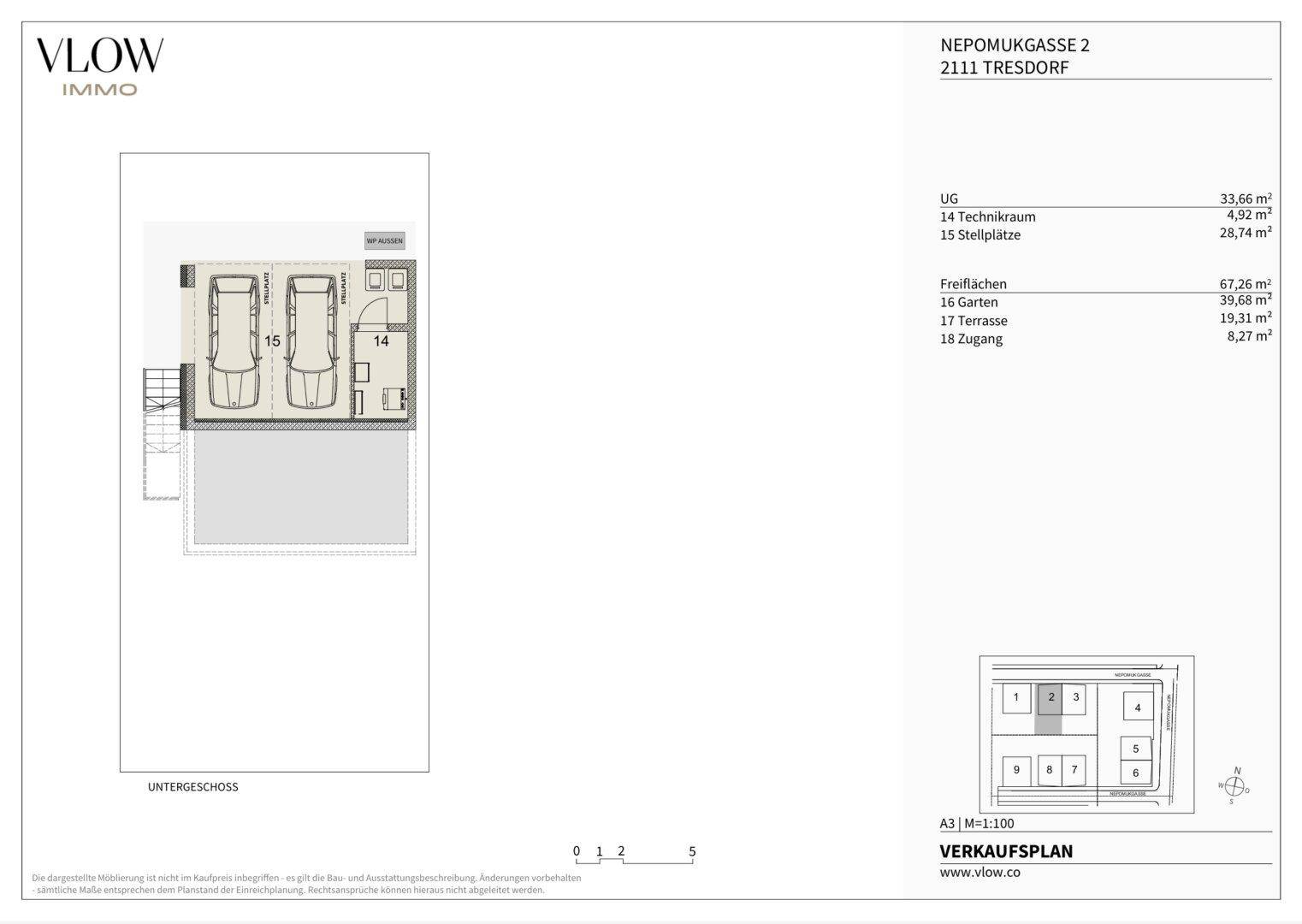 Grundriss des Untergeschosses mit Technikraum und Stellplätzen für Fahrzeuge.