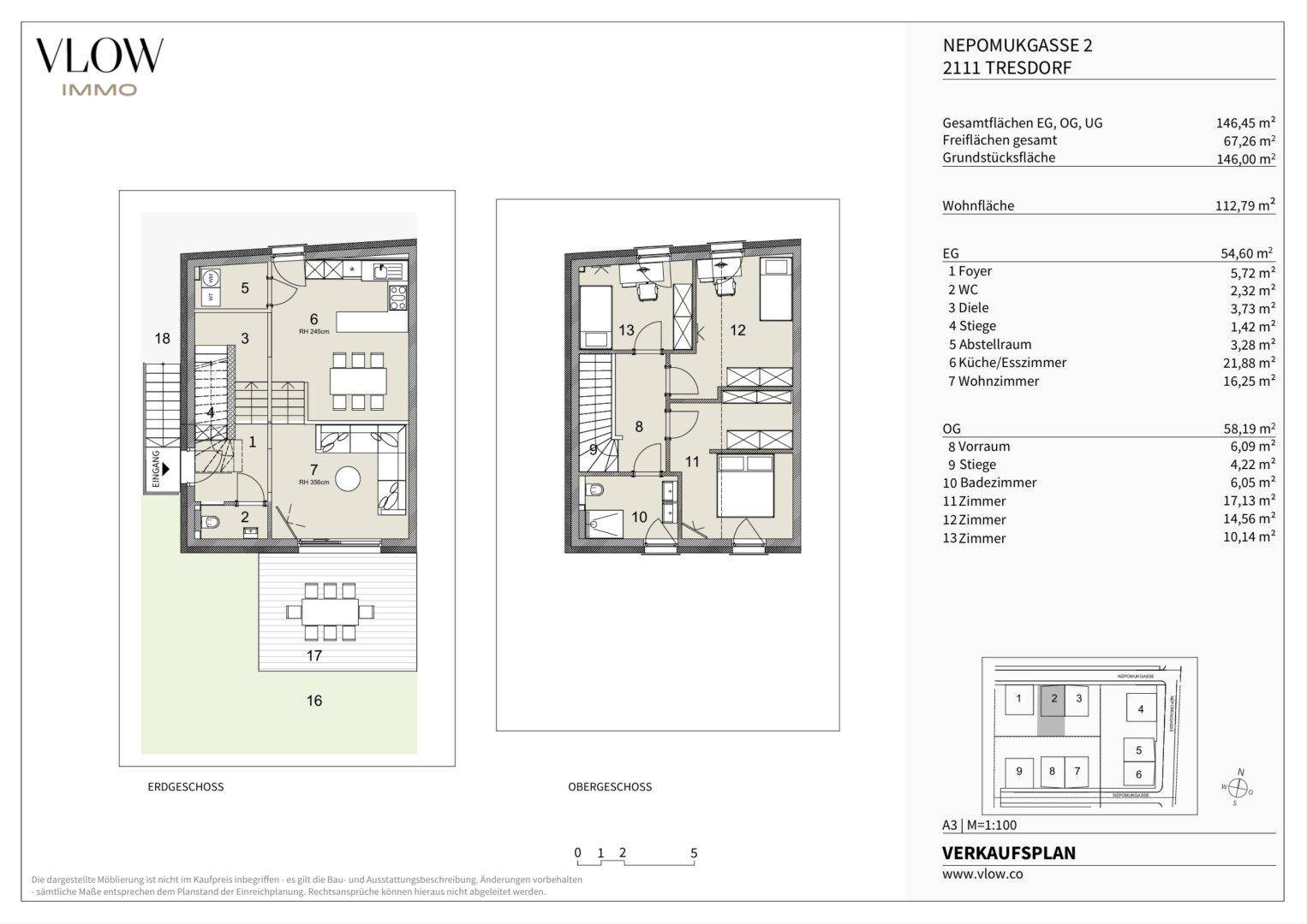 Grundriss des Erdgeschosses und Obergeschosses mit Garten und Terrasse.