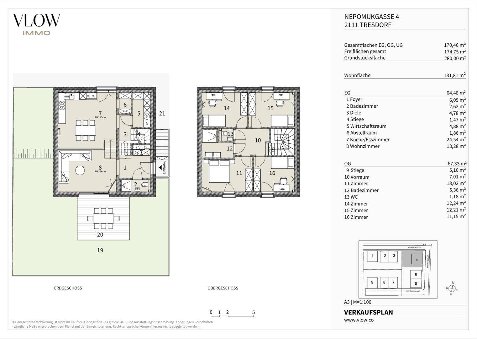Grundriss des Erd- und Obergeschosses mit Terrasse und Gartenbereich.