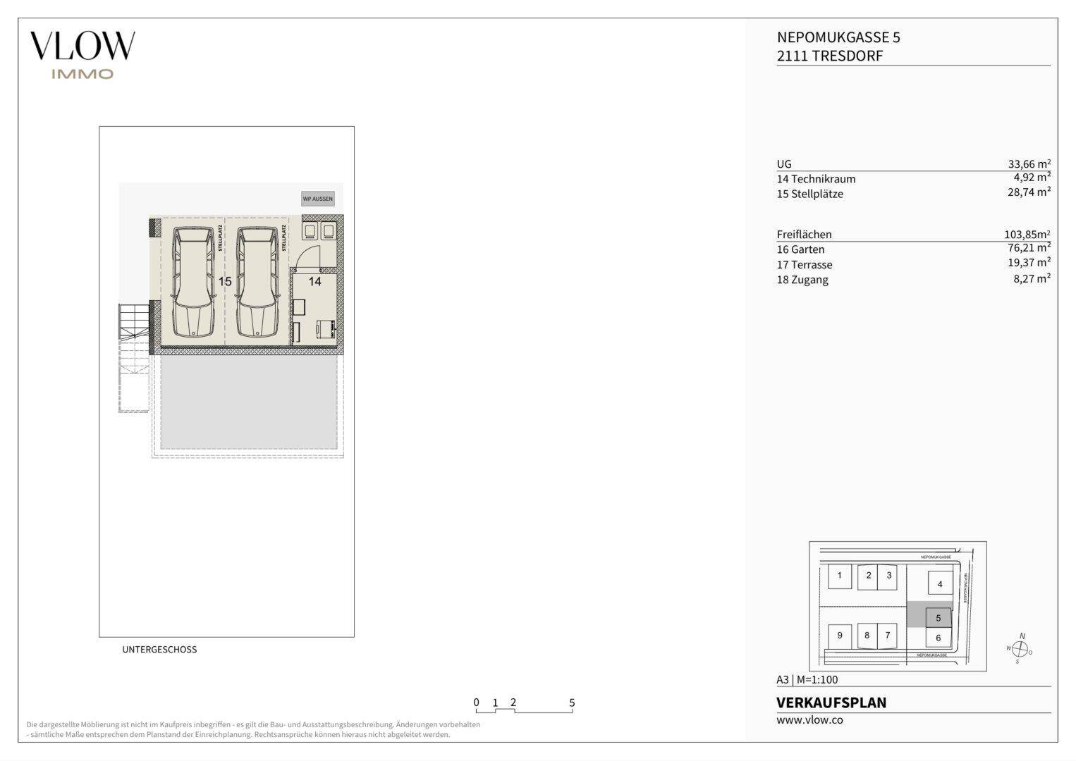 Grundriss des Untergeschosses mit Technikraum und zwei Stellplätzen für Fahrzeuge.