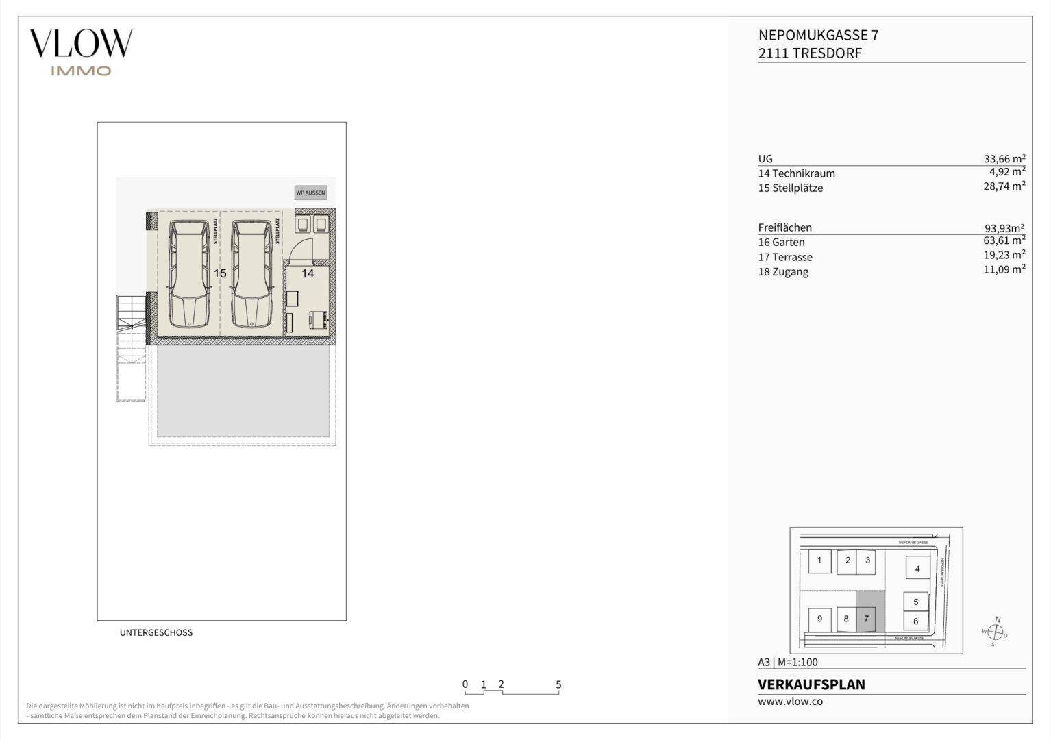 Grundriss des Untergeschosses mit Technikraum, Stellplätzen und Zugang zum Gartenbereich.