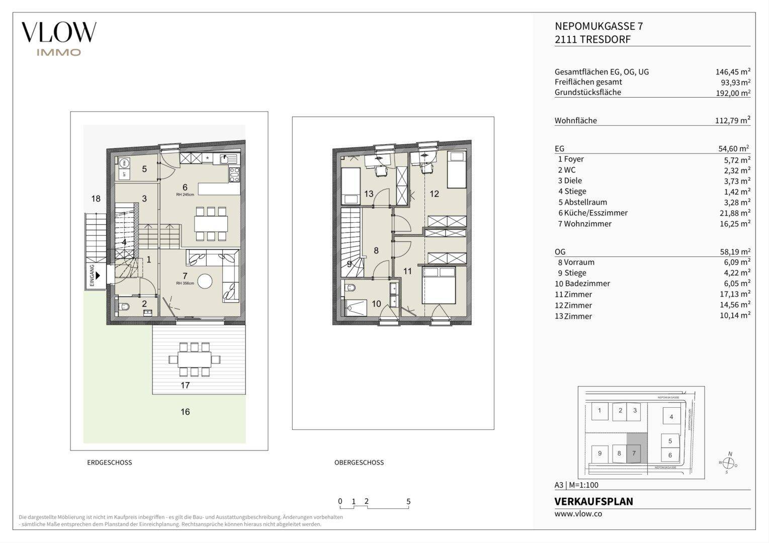 Grundriss des Erdgeschosses und Obergeschosses mit Garten, Terrasse und mehreren Zimmern.